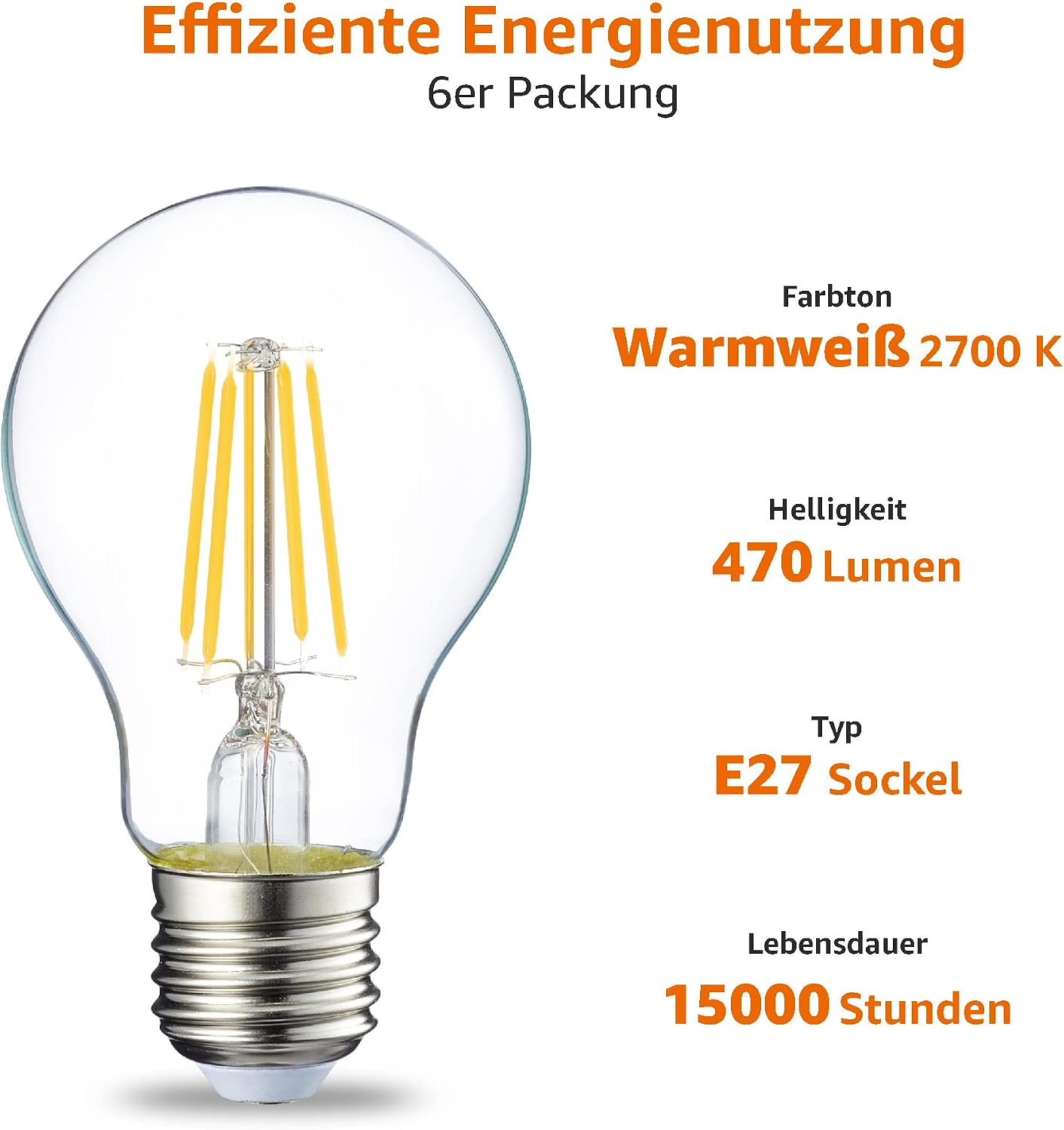 Detalle de Amazon Basics LED-Leuchtmittel E27, 4,3 W (entspricht 40-W Glühbirne), warmweiß, 6er-Pack, nicht dimmbar