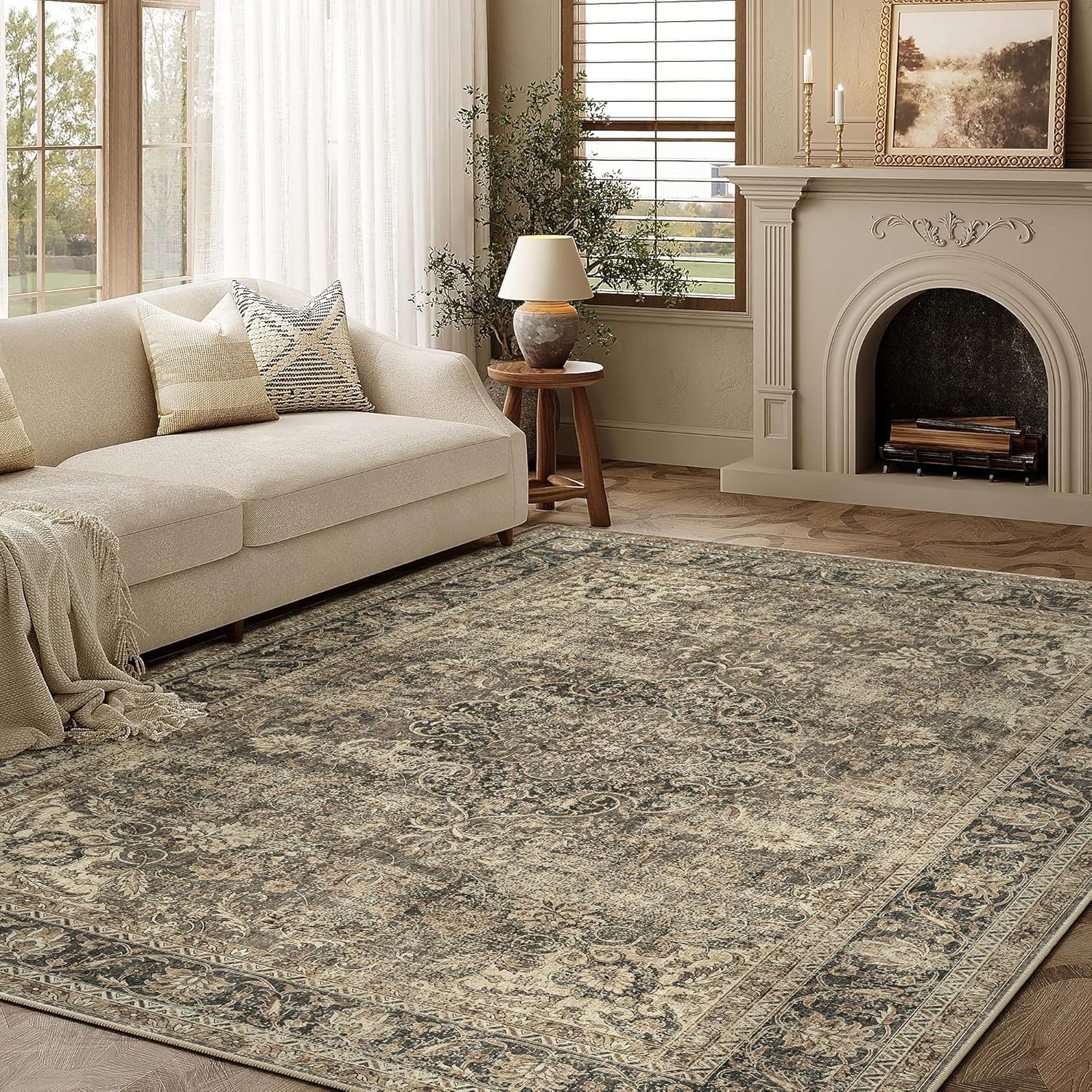 Detalle de HUGEAR Vintage Style Green Large Area Rug (240x300cm) with Non-Slip TPR Backing
