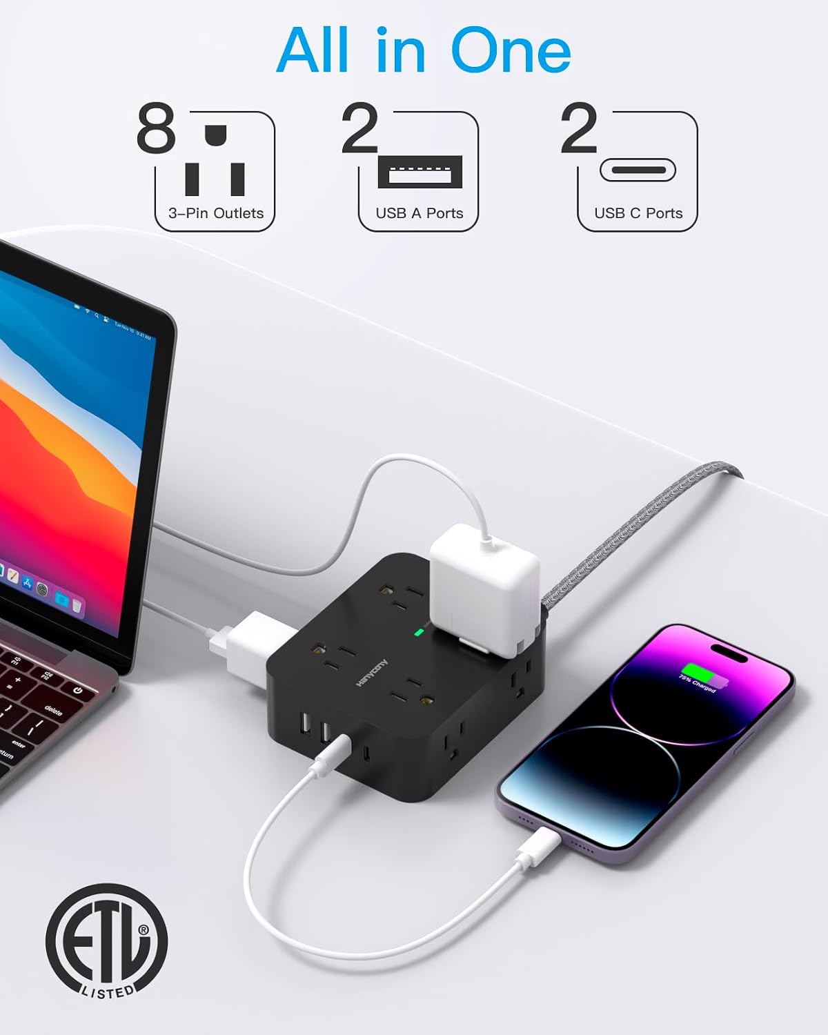 Detalle 2 de HANYCONY HN8U5WC2 Surge Protector Power Strip, 8 Outlets, 4 USB Ports