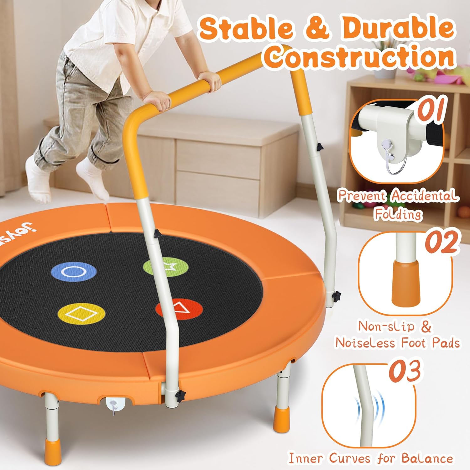 Thumbnail 1 de 3FT Toddler Trampoline with Adjustable Handlebar (36" Foldable & Spring-Free) — Noiseless Mini Jump Mat for Ages 1–6