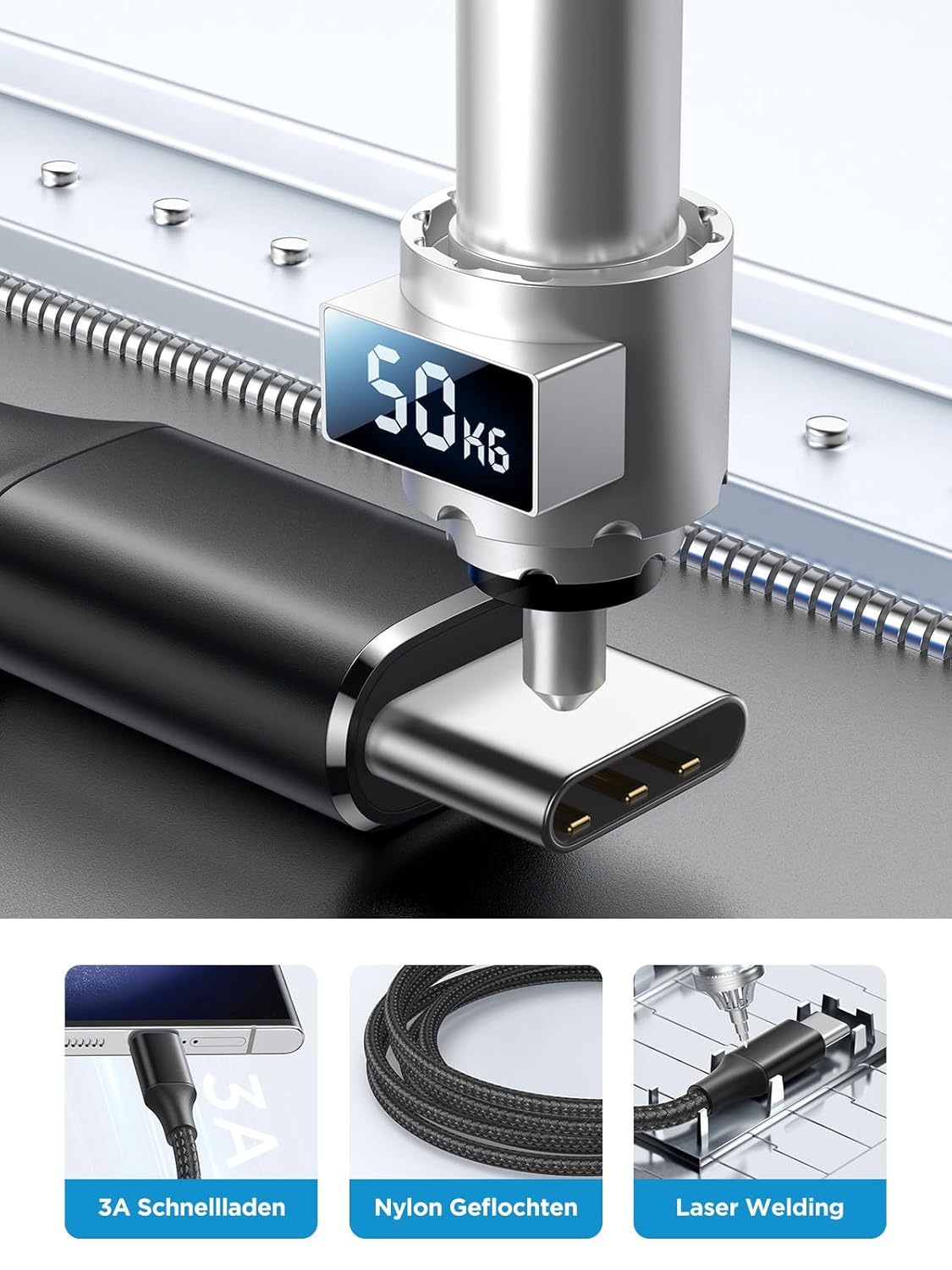Thumbnail 2 de USB-C Kabel 3 m (Nylon) USB auf USB-C, Schnellladekabel 3A mit Datenübertragung bis 480 Mbit/s