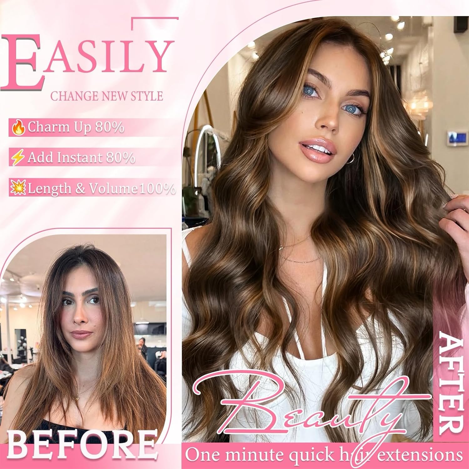 Thumbnail 1 de Real Human Hair Clip-In Extensions (Brazilian Remy) Seamless Balayage, Dark Brown/Chestnut Brown, 8 Pieces