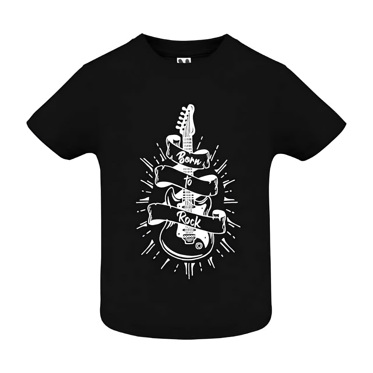 Detalle 2 de T-shirt in cotone “Born to Rock” con stampa, con bottoncini sulla spalla (bambino, nero, 6m-18m e adulti)