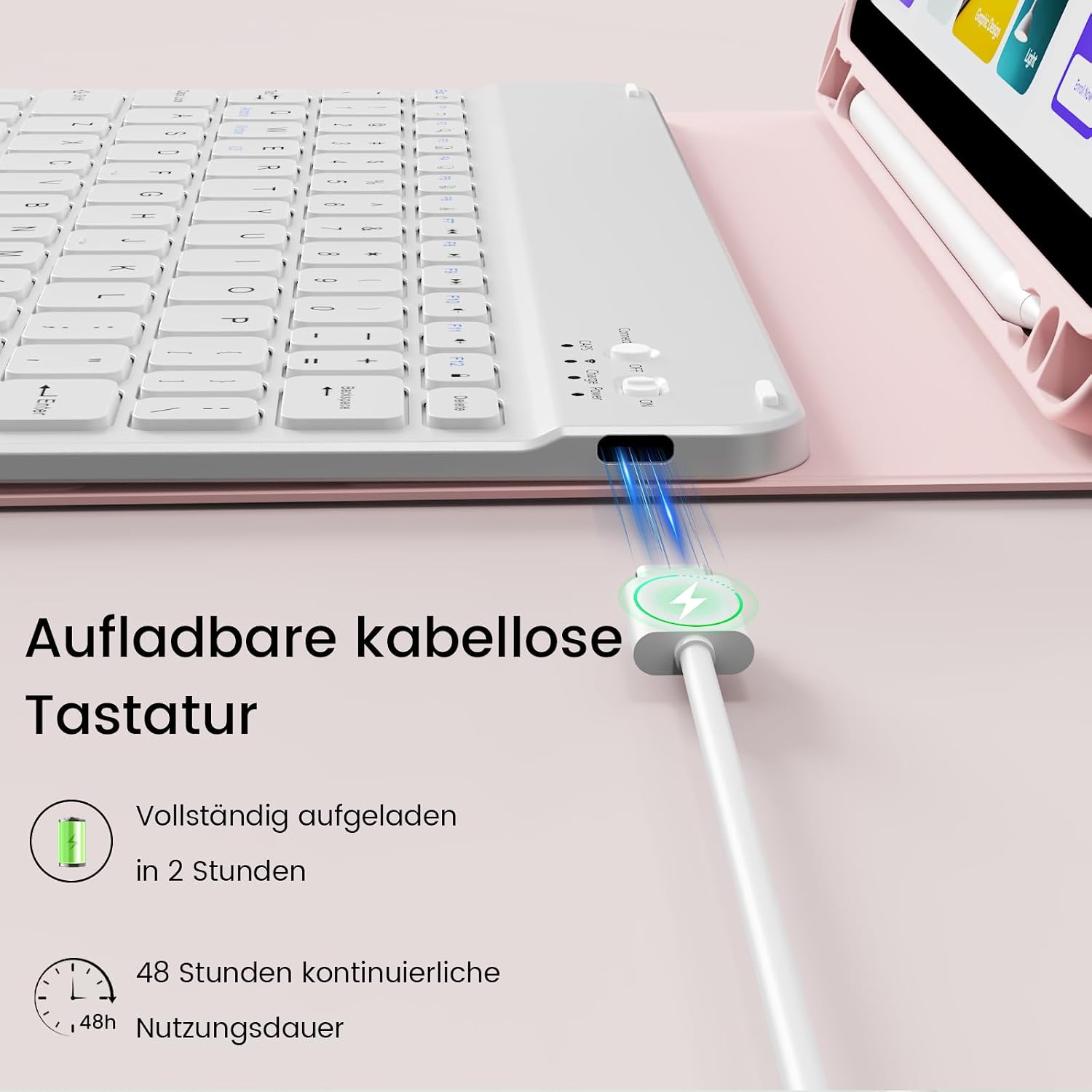 Detalle 2 de GKABXY Hülle mit Tastatur für iPad (A16) 10./11. Generation – magnetische Bluetooth-Tastatur, Soft-TPU, QWERTZ, Rosa