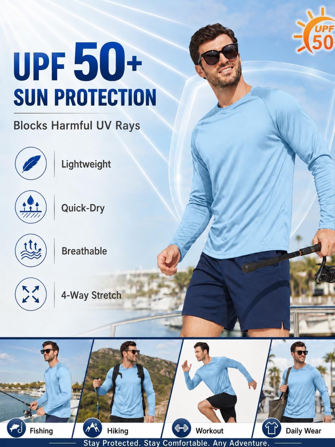 Detalle de Mens Sun Shirt UPF 50+ UV Protection 5 Pack: Long Sleeve Fast-Dry Athletic Tops