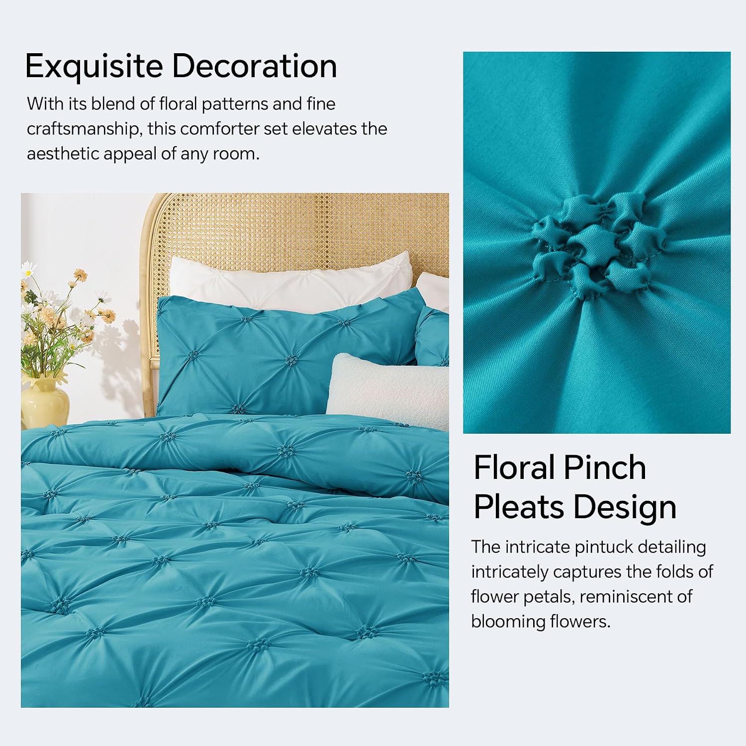 Thumbnail 3 de BEDELITE BECAB2G1 Queen Comforter Set, Teal Boho Pintuck, 3 Pieces