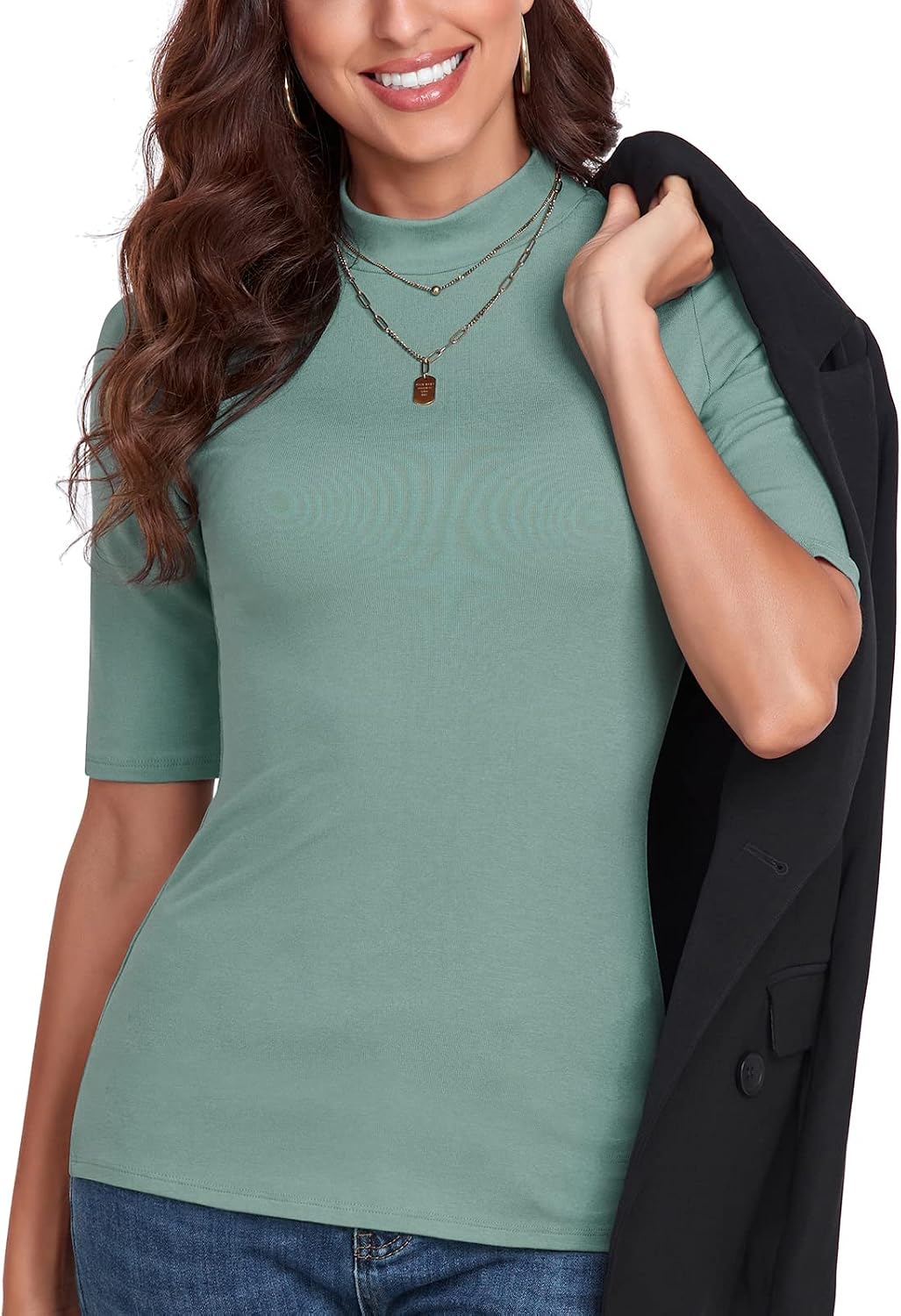 Thumbnail 4 de WOWENY Kurzarm-Rollkragen-Shirt mit Spitze