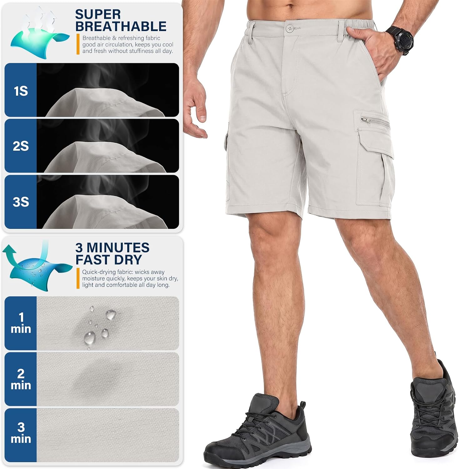 Detalle de Jessie Kidden Men's Cargo Hiking Shorts, Quick-Dry Fabric, UPF 50, 7 Pockets