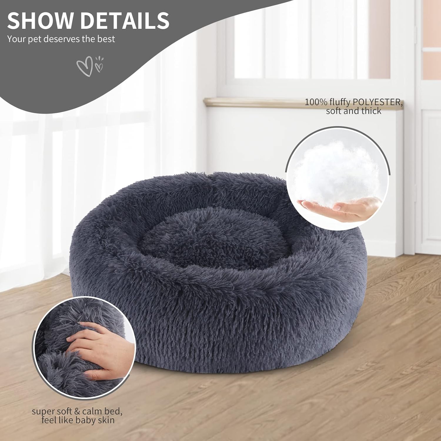 Thumbnail 1 de BVAGSS Anxiety Dog Bed, Round Plush Donut Bed – 50 cm (Dark Grey)