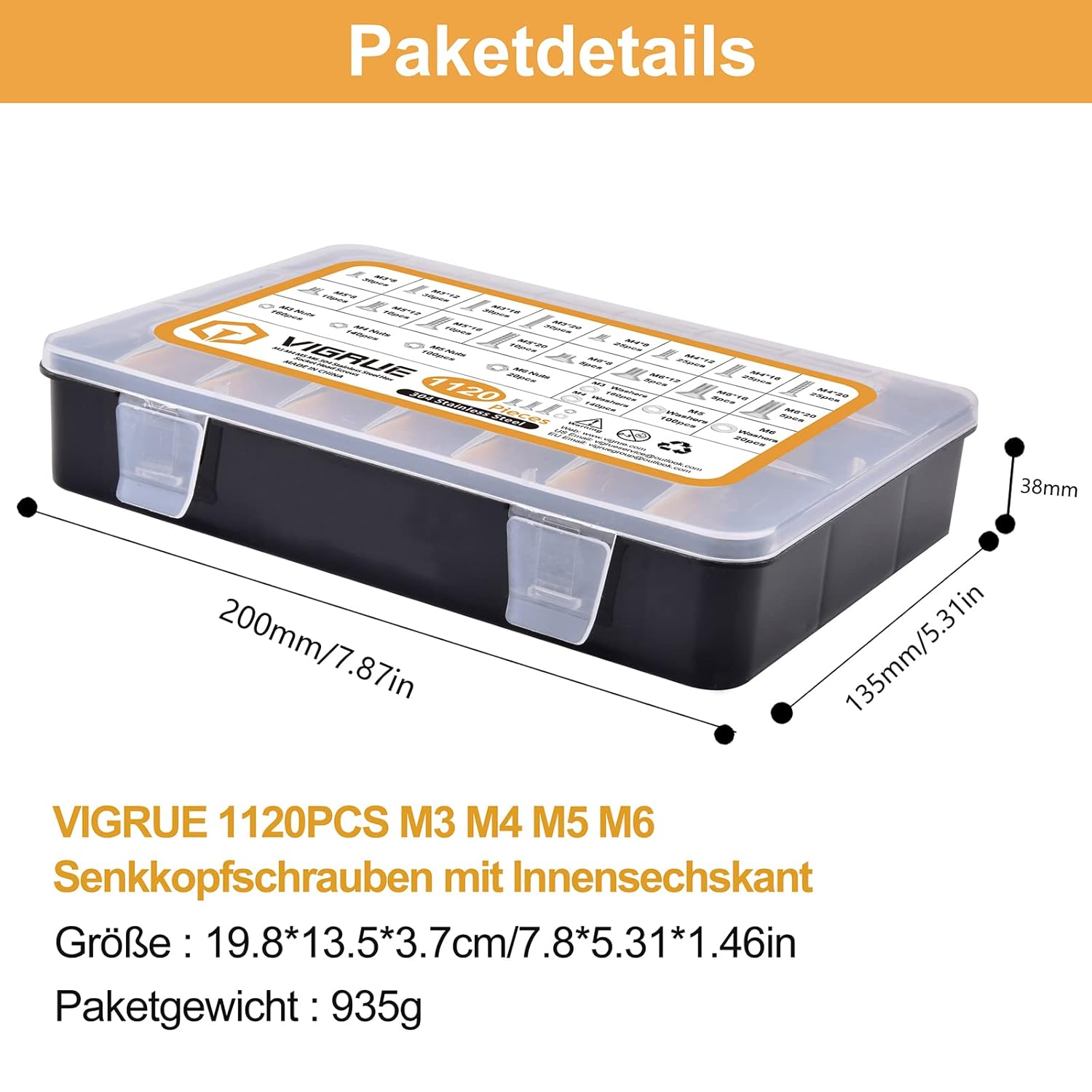 Thumbnail 6 de VIGRUE 1120PCS M3–M6 Senkkopfschrauben, Innensechskant, A2-70 Edelstahl, Inklusive Muttern, Unterlegscheiben & Aufbewahrungsbox