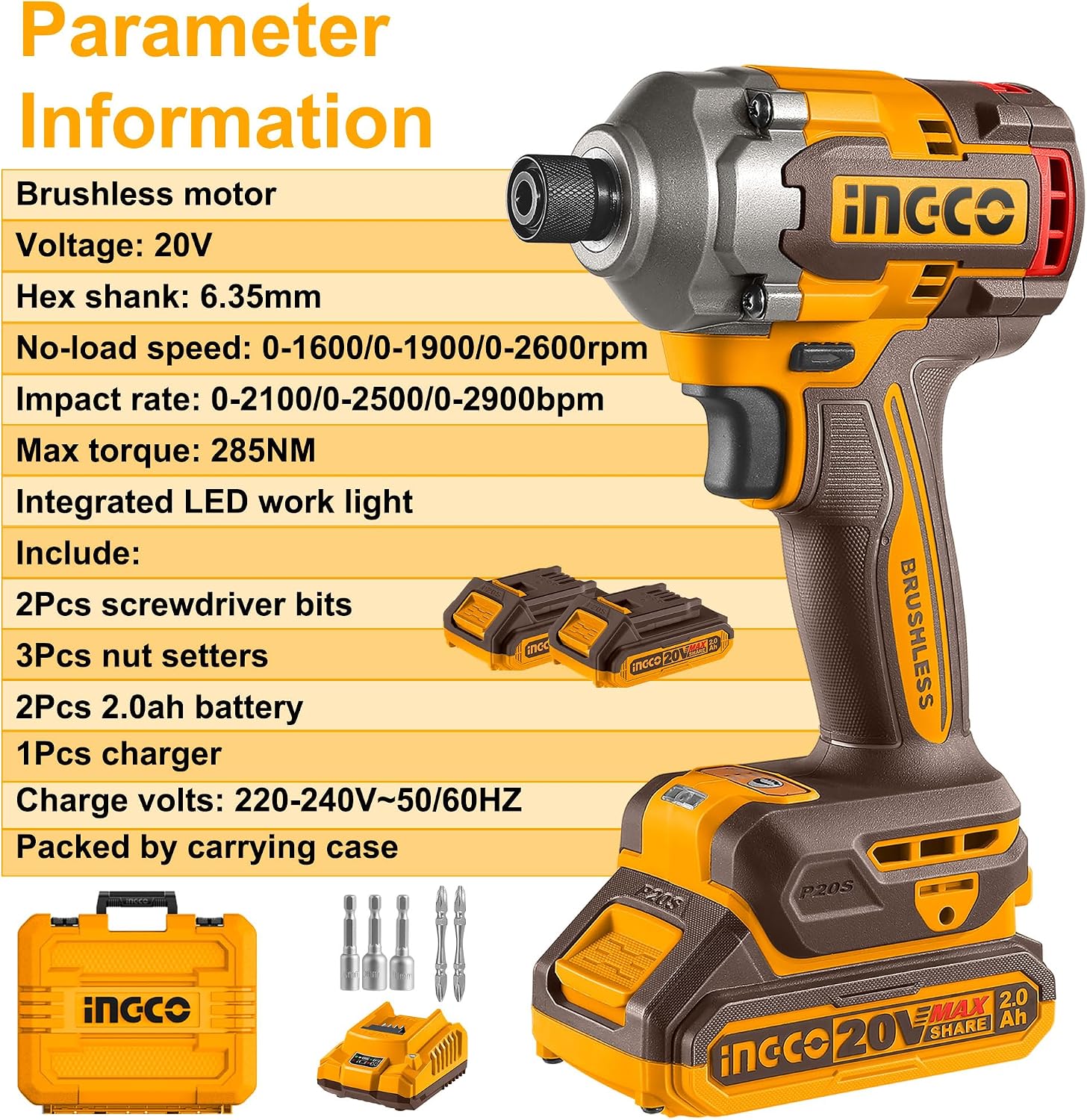 Thumbnail 5 de INGCO 20V Cordless Impact Driver 285NM with Brushless Motor – 3-Speed, LED Light, 2 x 2.0Ah Batteries, Charger & Case