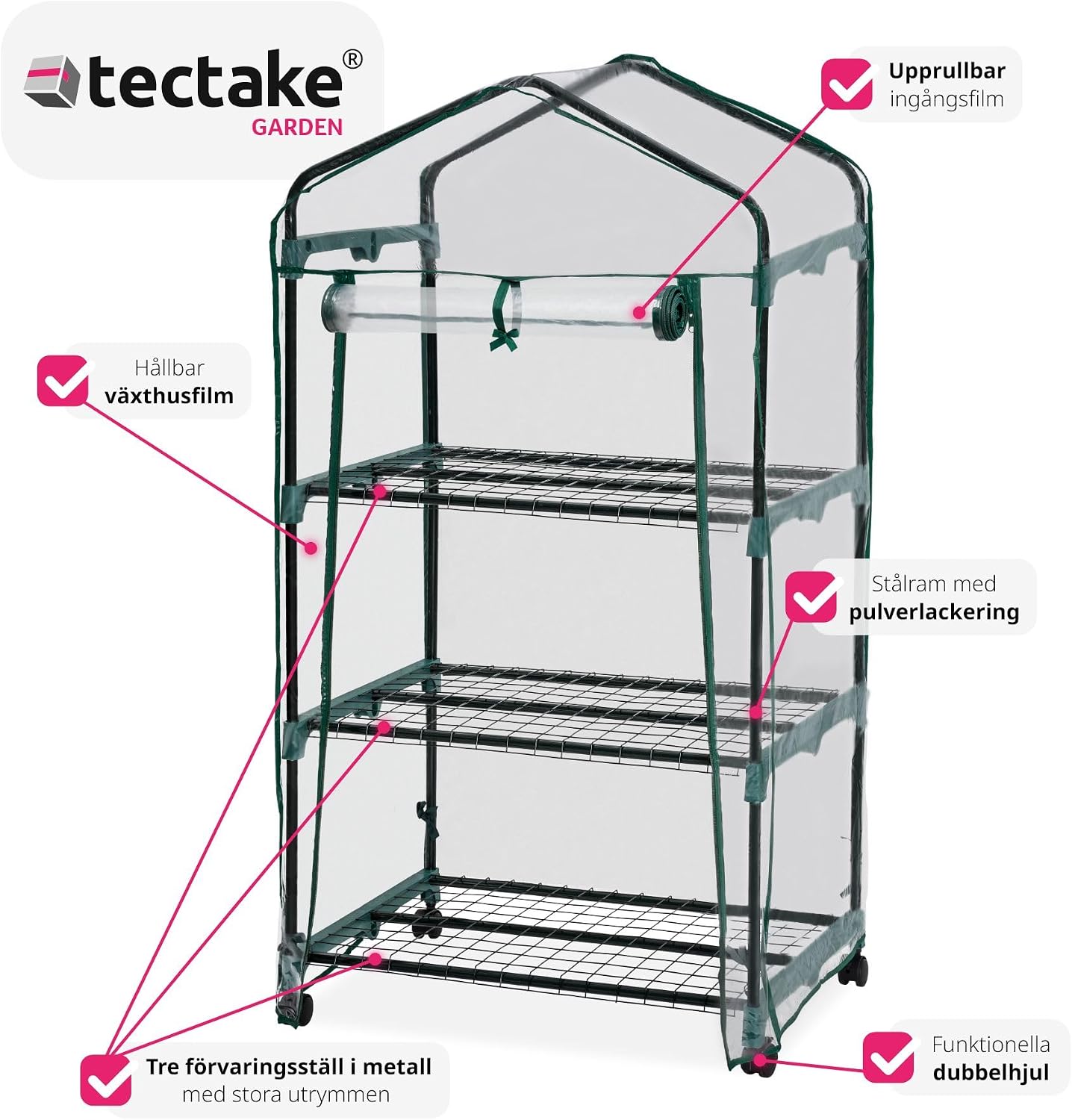 Detalle de tectake 401862-SE flyttbart miniväxthus med tre hyllplan och PVC-folie