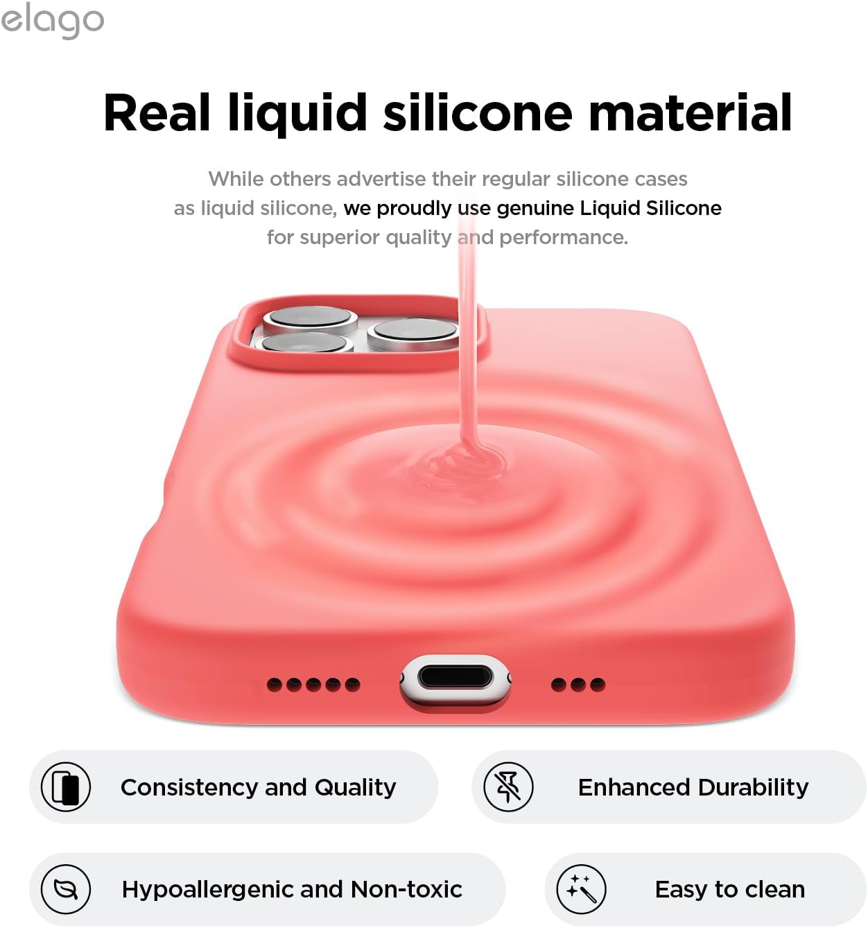 Detalle de elago iPhone 16 Pro Liquid Silicone Case (Full Body, Shockproof) – Pink, 6.3 inch