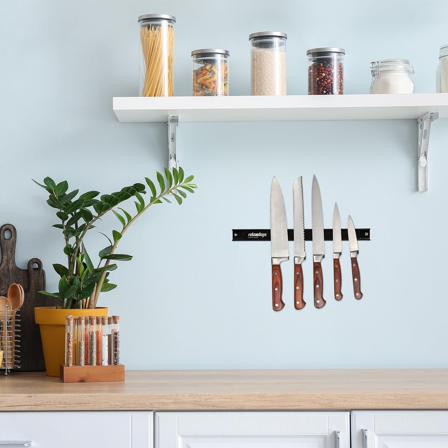 Detalle de Relaxdays Magnetic Rack 3-Piece Set, 30 cm Black Steel Knife and Tool Holder