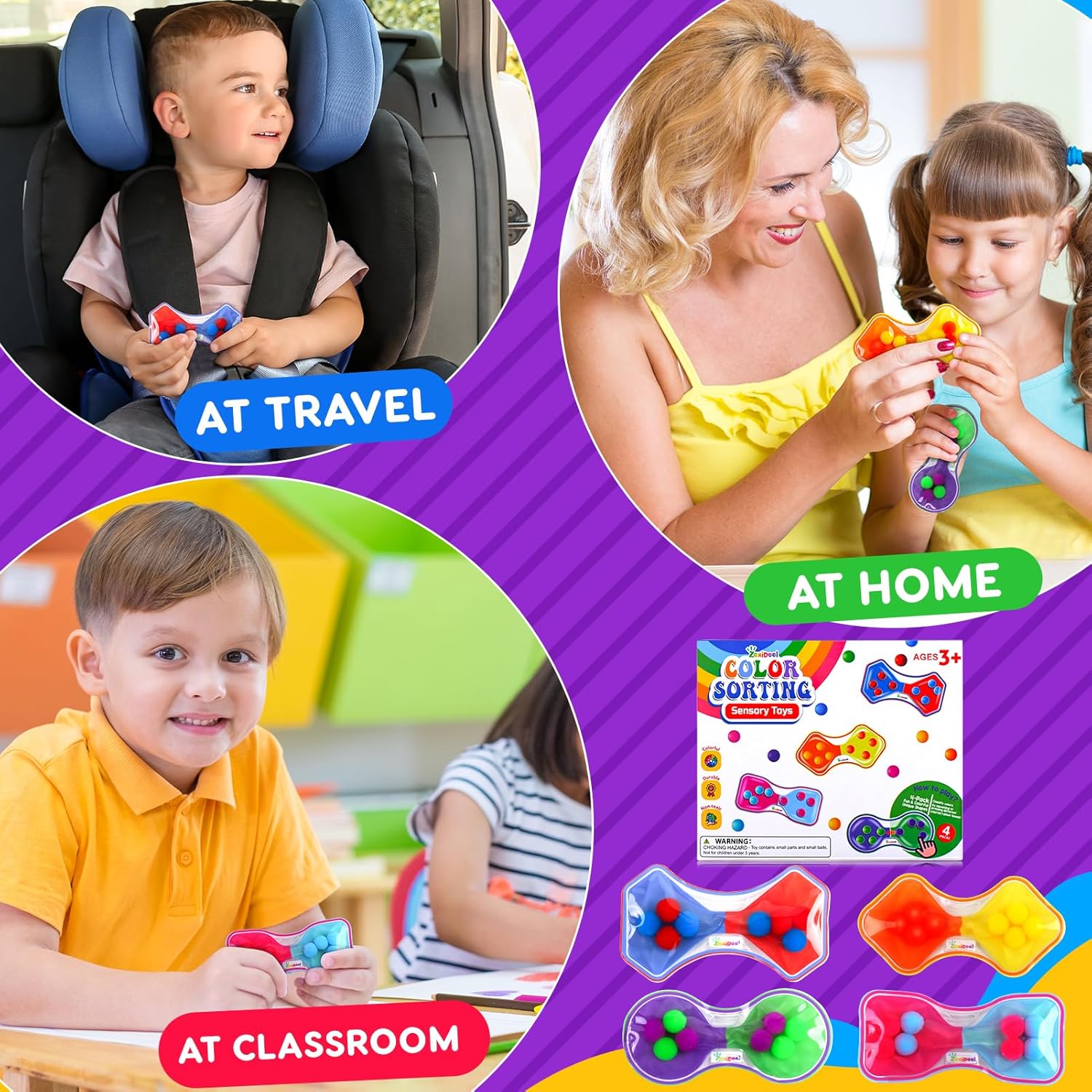 Detalle de Sensory Fidget Toys for Kids (Toddler) — 4-Pack Quiet Squeeze Color Sorting Travel Toys