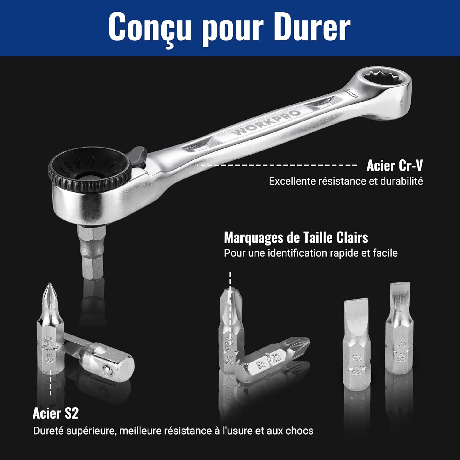 Thumbnail 5 de WORKPRO Mini clé à cliquet double tête 1/4" avec 20 embouts et mécanisme 72 dents (105 mm)