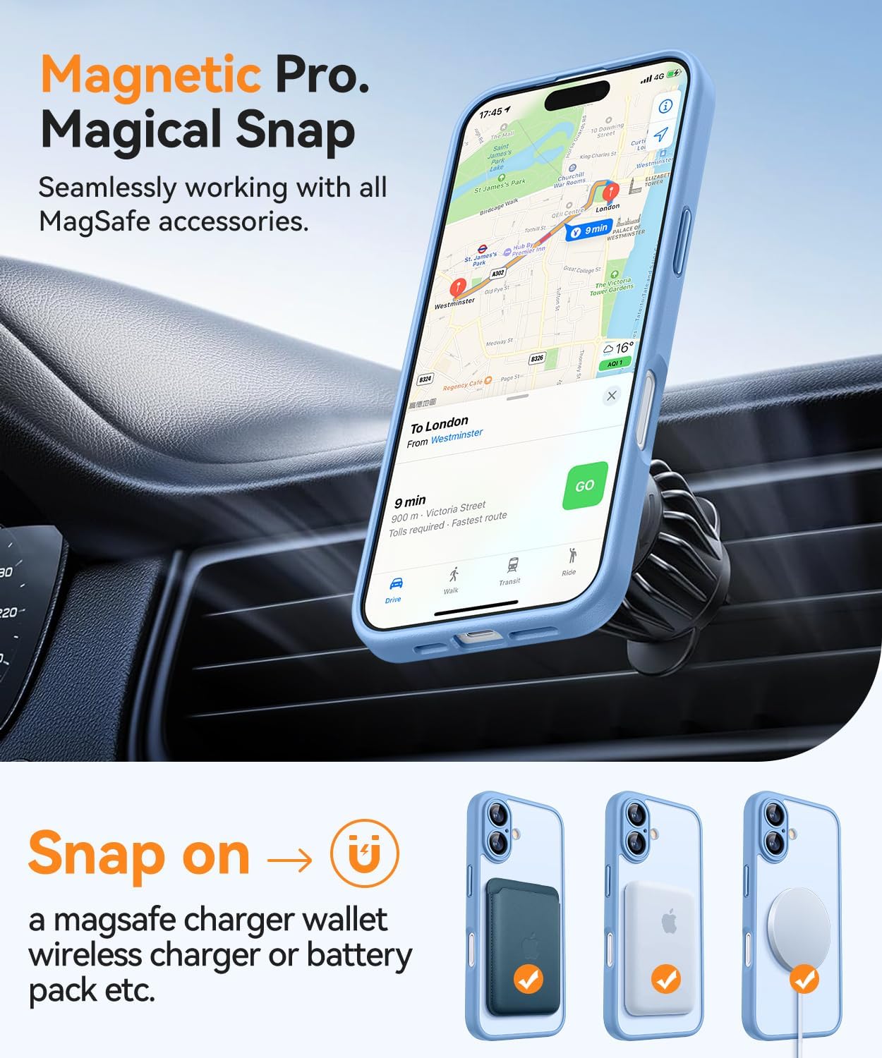 Detalle de CANSHN Magnetic iPhone 16 Case (6.1") with full camera protection, MagSafe compatible and matte translucent finish – Light Blue