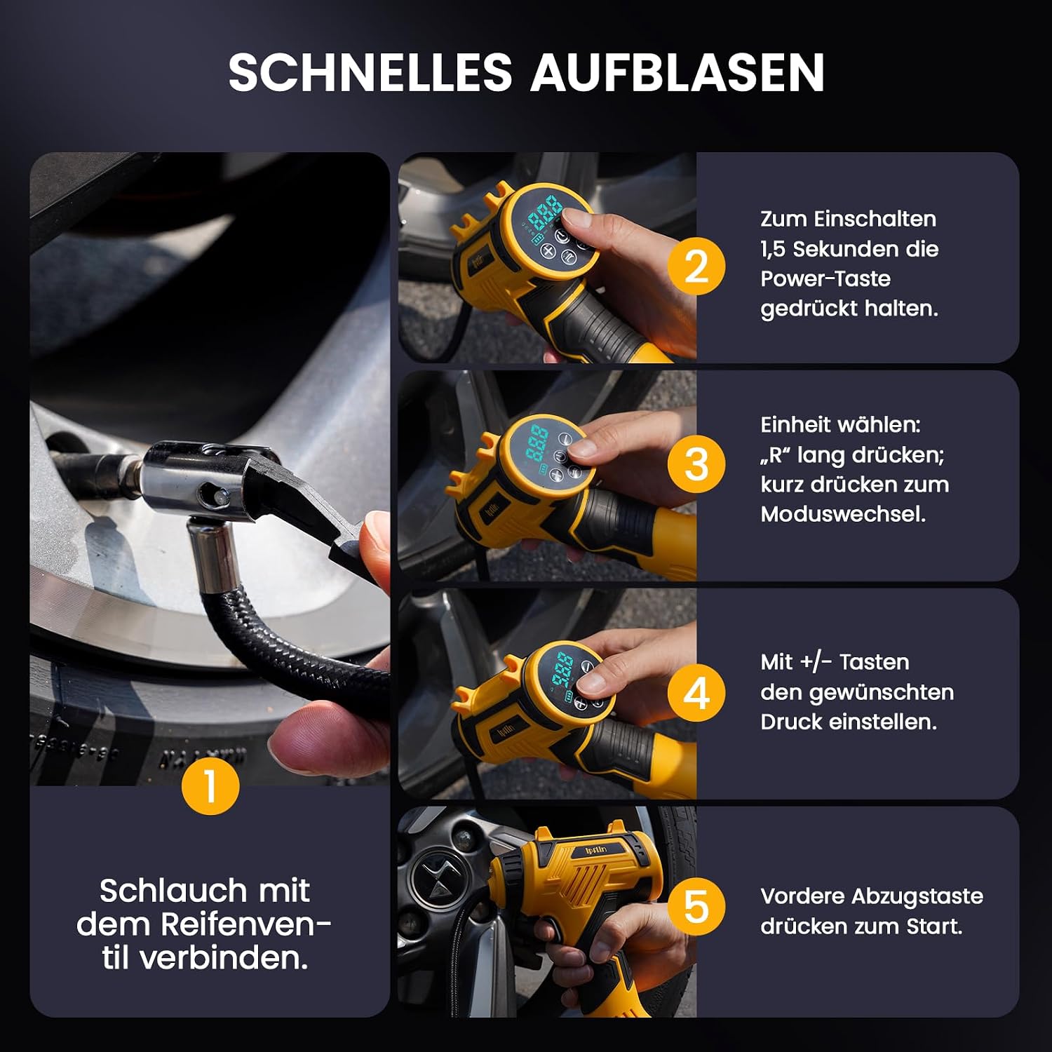 Detalle de Akku-Luftpumpe für Auto & Fahrrad: Elektrische Auto Luftpumpe mit 150 PSI, 22 l/min und LED-Anzeige