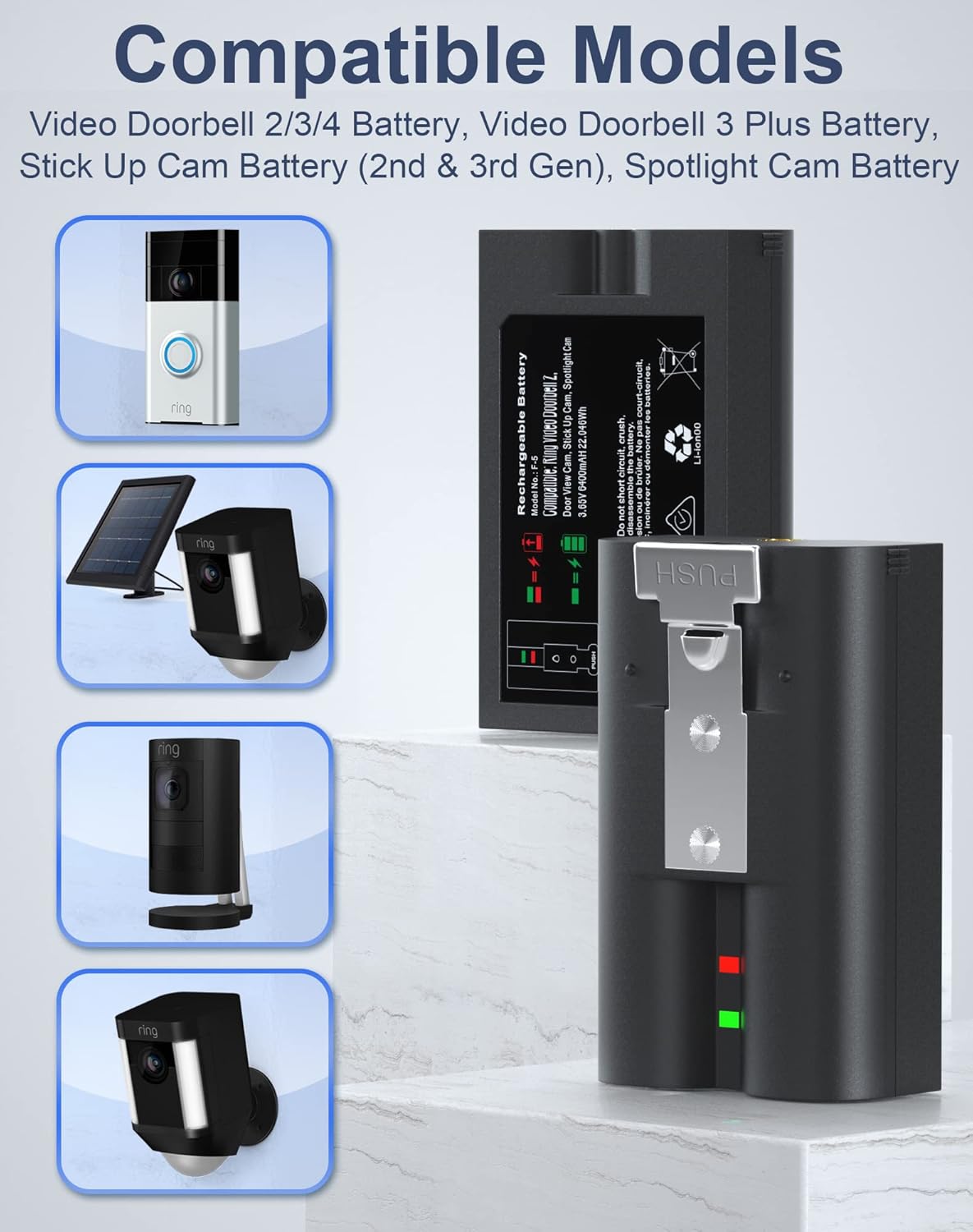 Thumbnail 1 de 2 Batterien und Ladestation für Ring Video Doorbell – 6040 mAh Ersatzakkus (2er-Pack) mit Dual-Ladestation