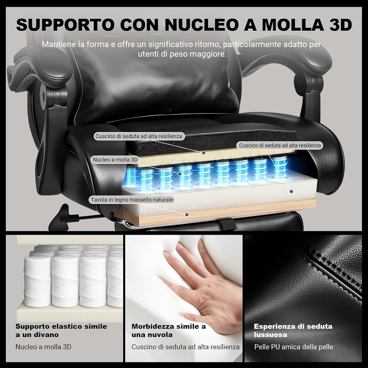 Thumbnail 3 de BASETBL Poltrona Ufficio Ergonomica: Sedia XXL con Poggiapiedi, Schienale 90°–120° e Altezza Regolabile