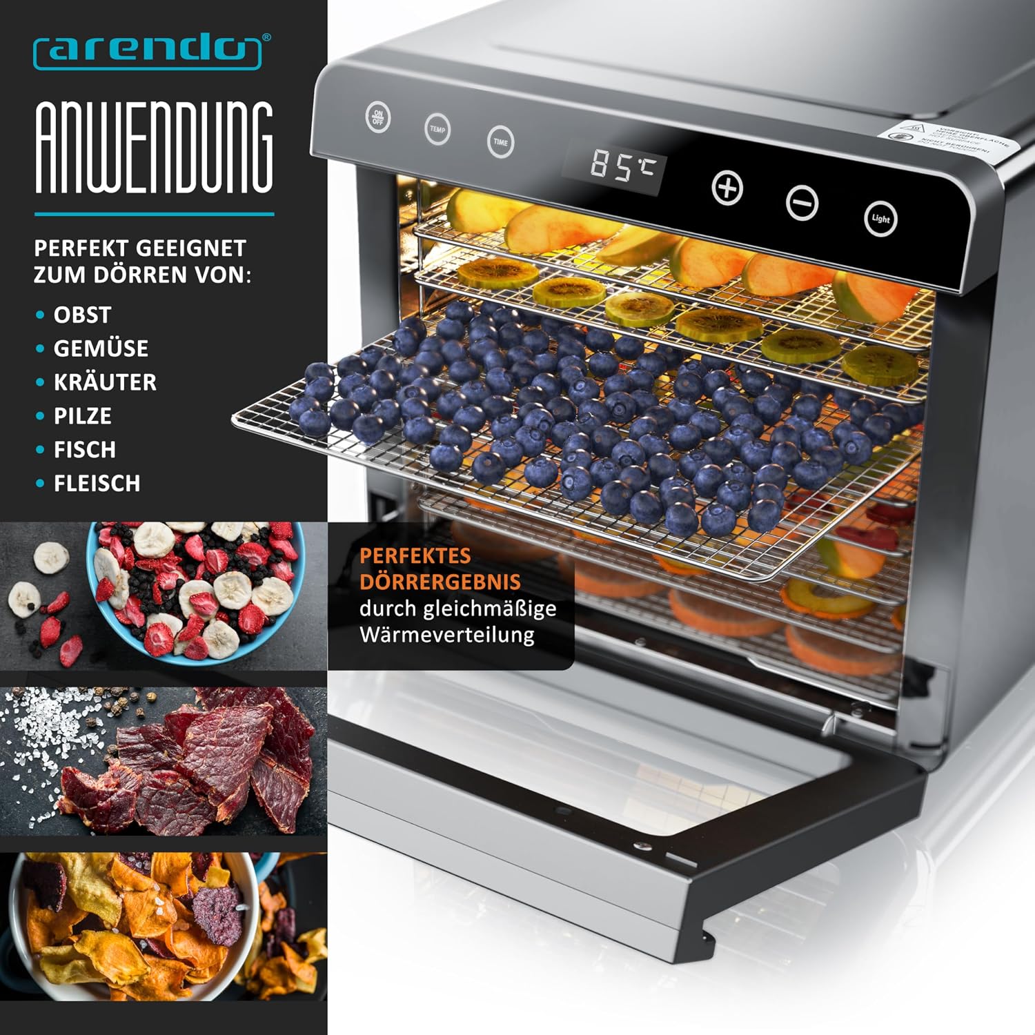 Detalle de arendo Dörrautomat aus Edelstahl mit 8 Einlegetabletts (700 W), 35–85 °C – Dörrgerät für Obst, Fleisch, Pilze