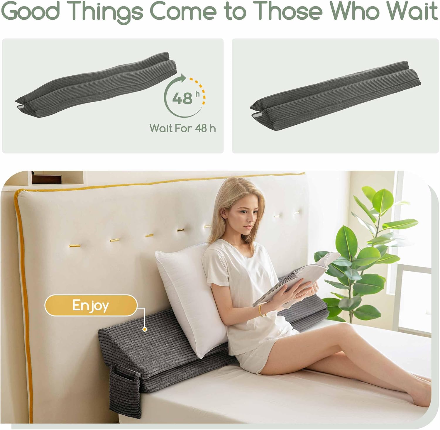 Detalle 2 de HIGOGOGO WP King Size Bed Wedge Pillow, Grey Corduroy, 0–7-inch Gap Filler