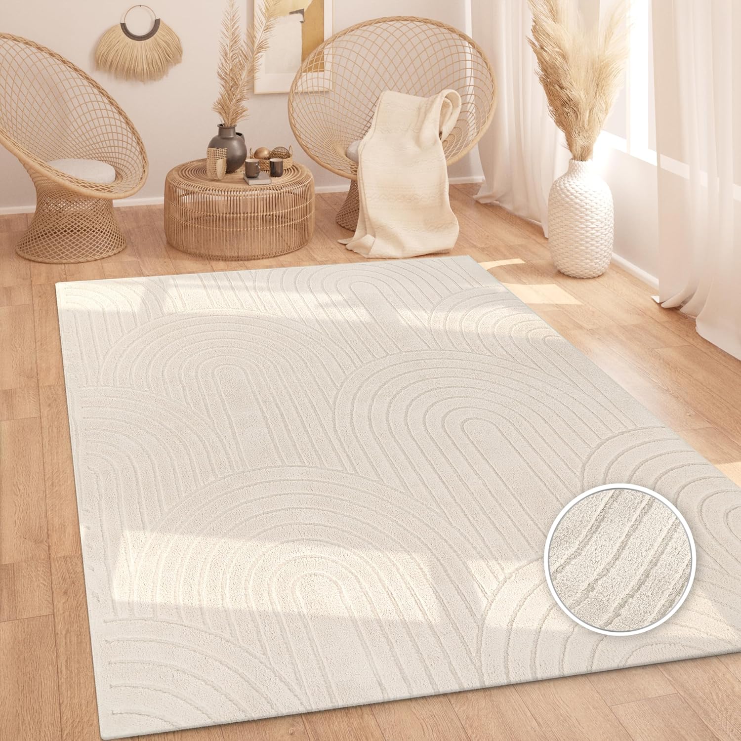 Thumbnail 6 de Paco Home tapis de salon moderne à poils courts effet 3D haut-bas, crème beige (12 mm)