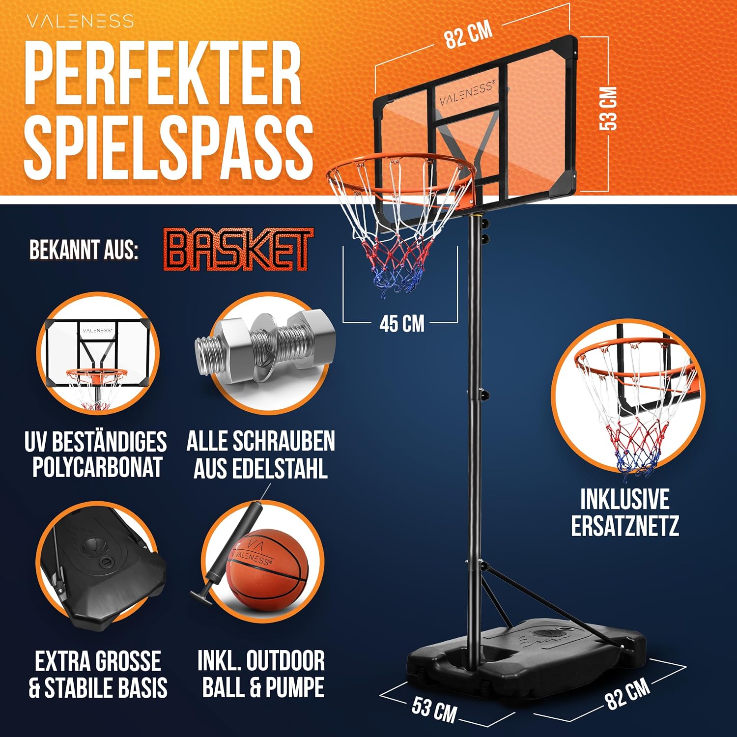 Detalle de VALENESS® Basketballkorb Outdoor – Höhenverstellbar 135–305 cm, wetterfest, inklusive Ball, Pumpe und Anleitung