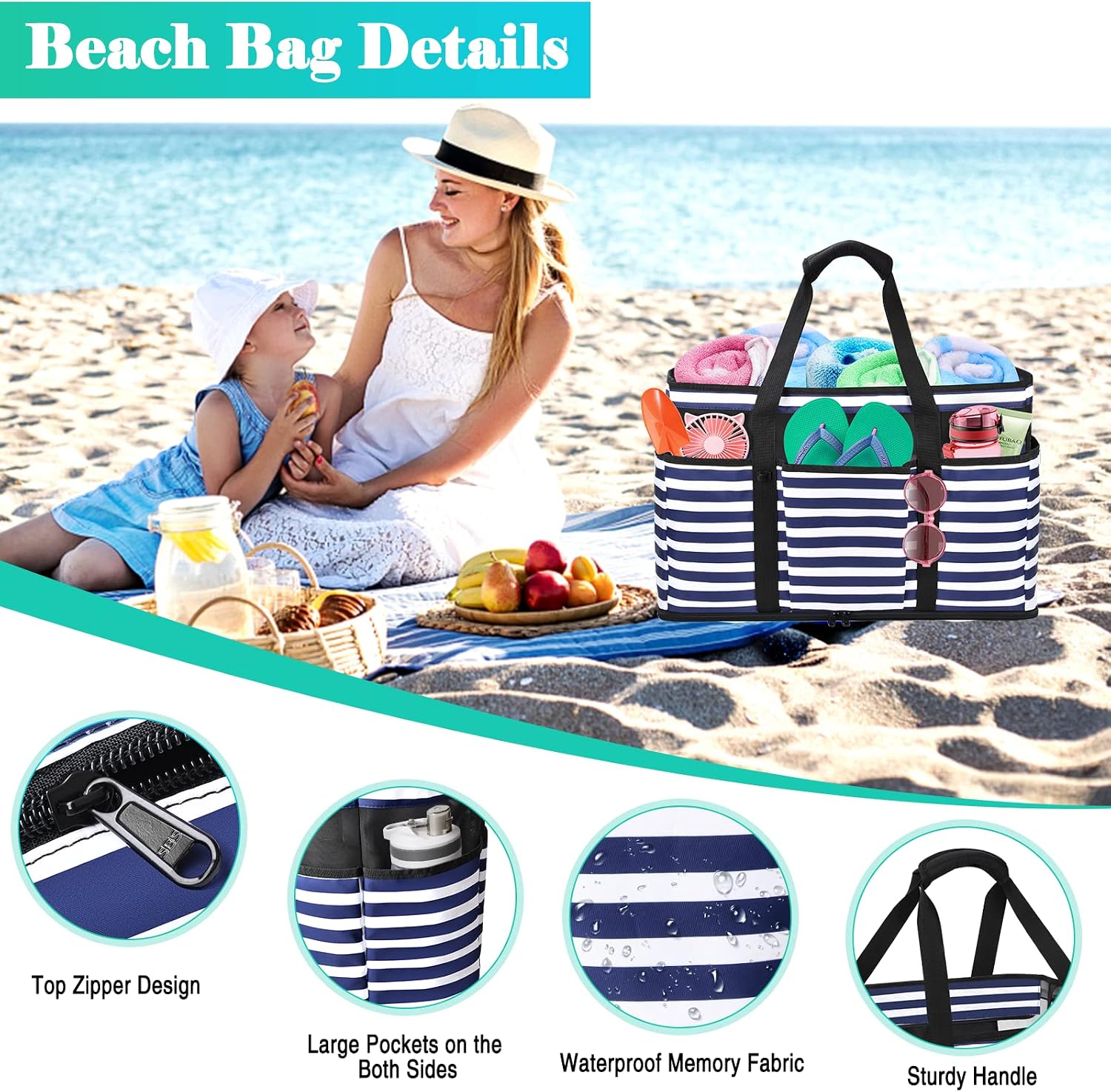 Thumbnail 2 de JUYANO Große Strandtasche mit Reißverschluss, wasserdichtes XXL-Format (45L) – Familie Badetasche Strandtasche