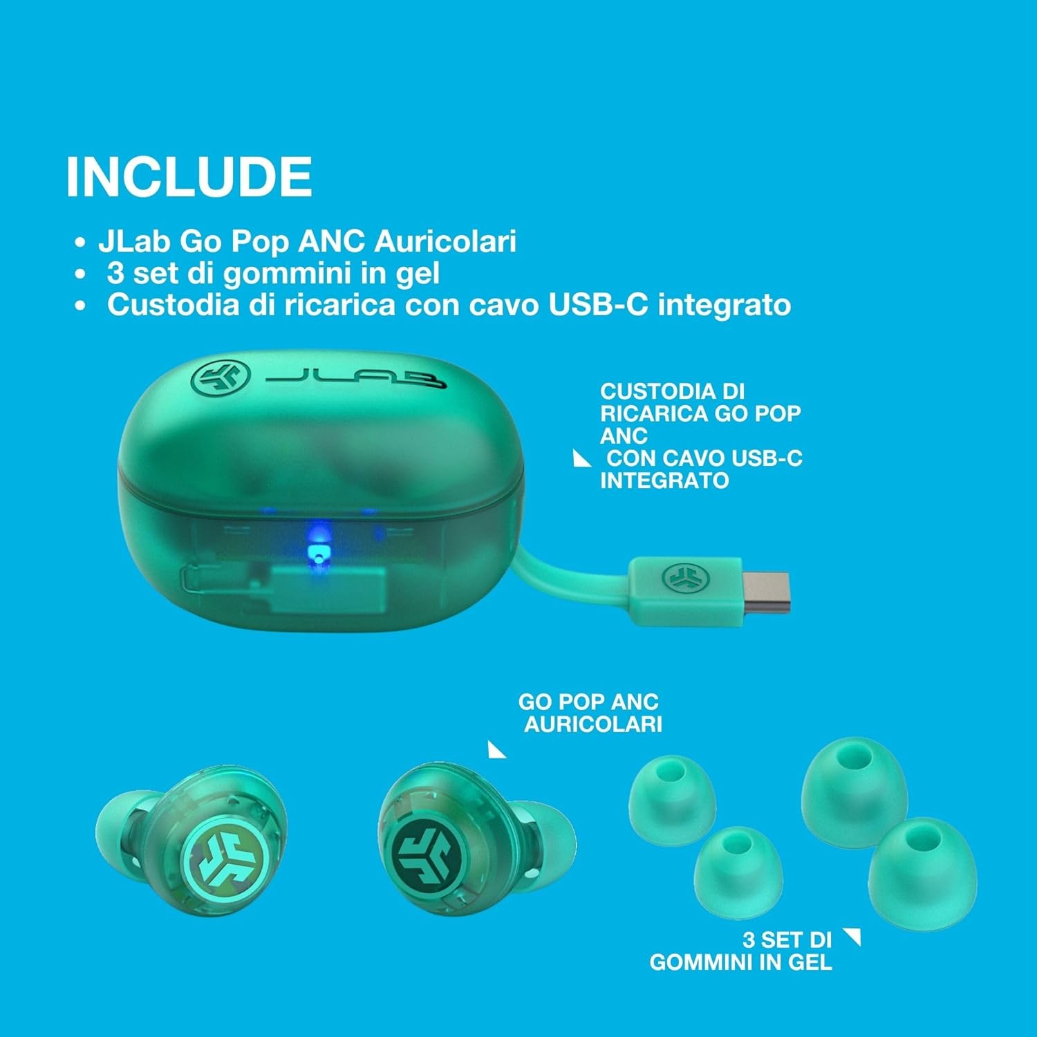 Thumbnail 5 de JLab Go Pop ANC Auricolari Bluetooth ANC con microfono e autonomia 24+ h, verde petrolio trasparente