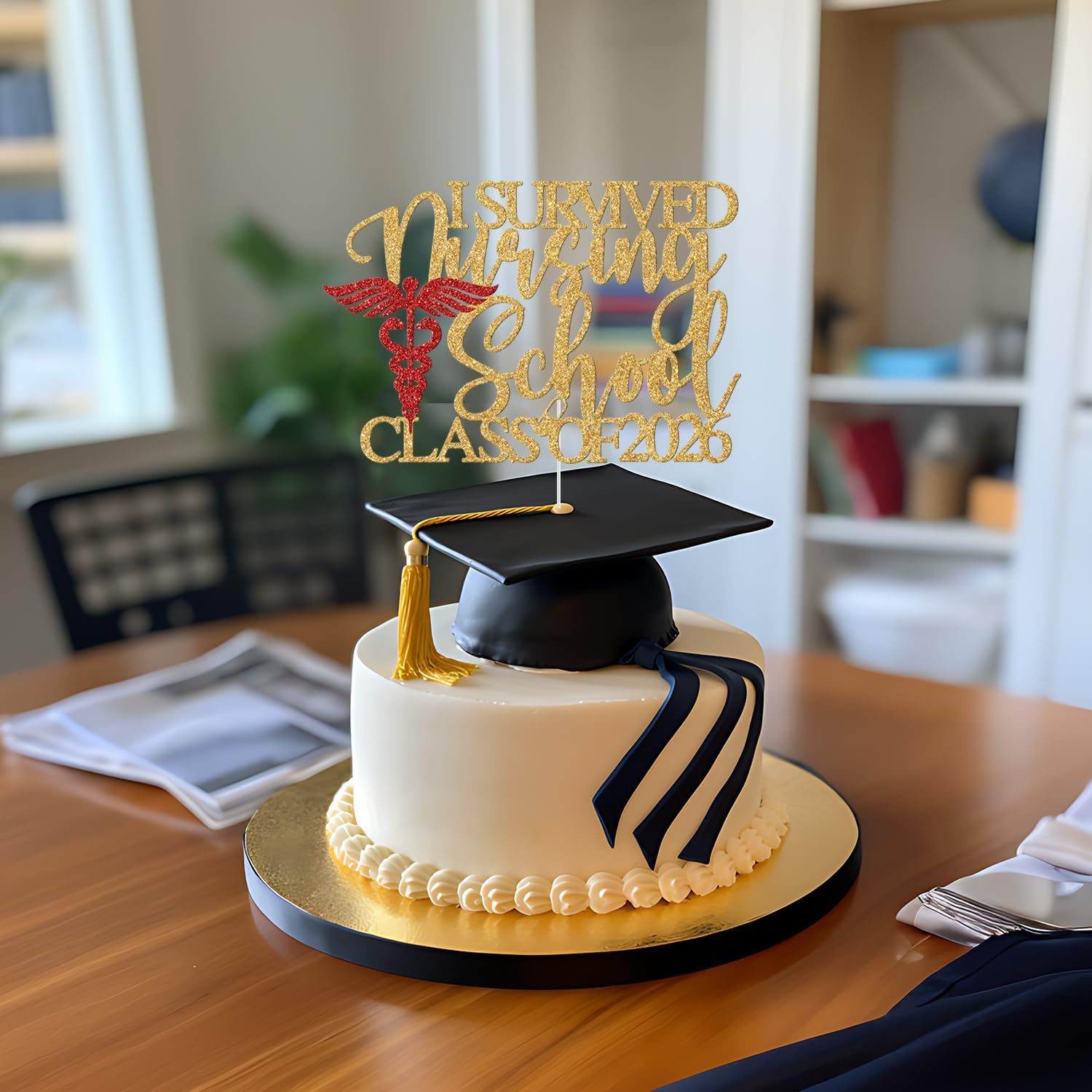 Detalle de Yotawebery I Survived Nursing School Cake Topper, Class of 2026, Gold and Red Glitter
