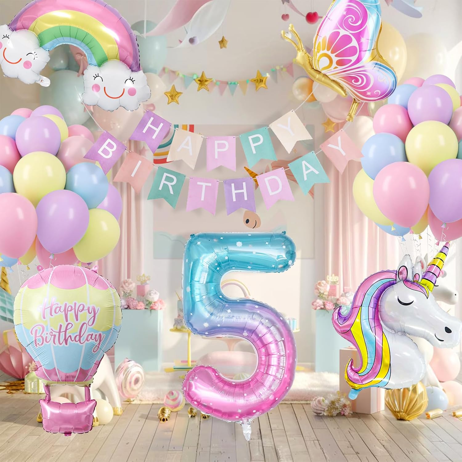 Detalle 2 de YEJIKJ Unicorn Balloons 5th Birthday Decorations – 96-Piece Unicorn Party Kit