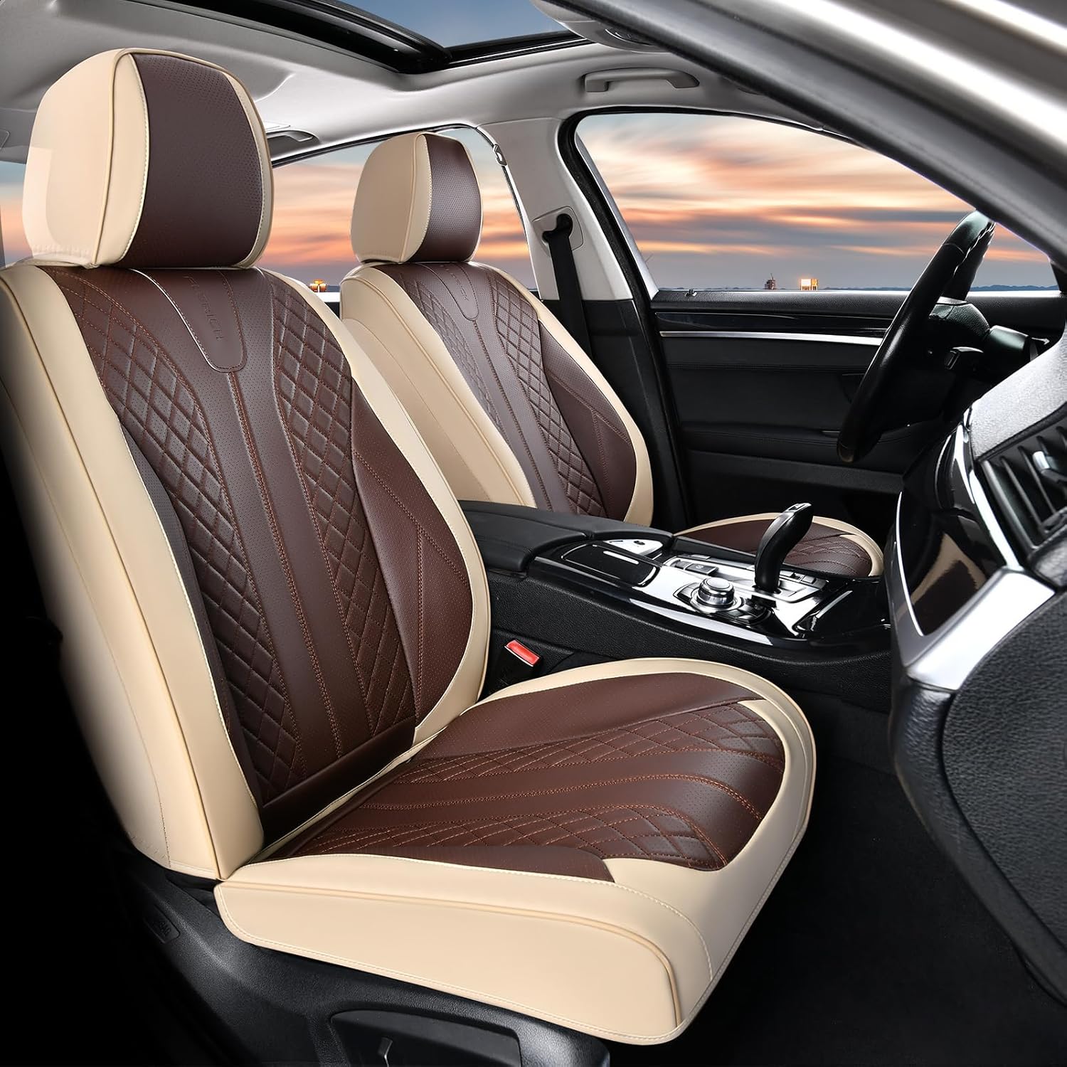 Detalle 2 de FLORICH Front and Back Leather Seat Covers for Cars – Full Set (5 Seats), Beige & Coffee, Universal Fit