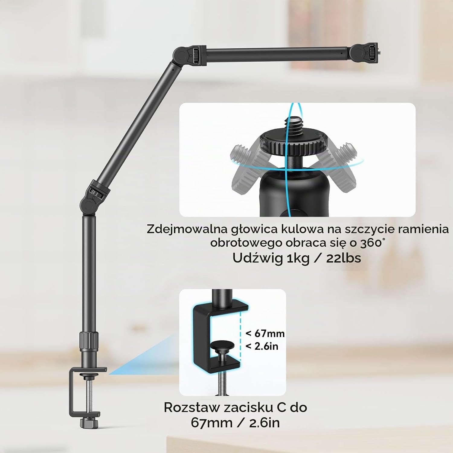 Detalle de SMALLRIG DT-50 4456 – biurkowy uchwyt do kamery z ramieniem 360°