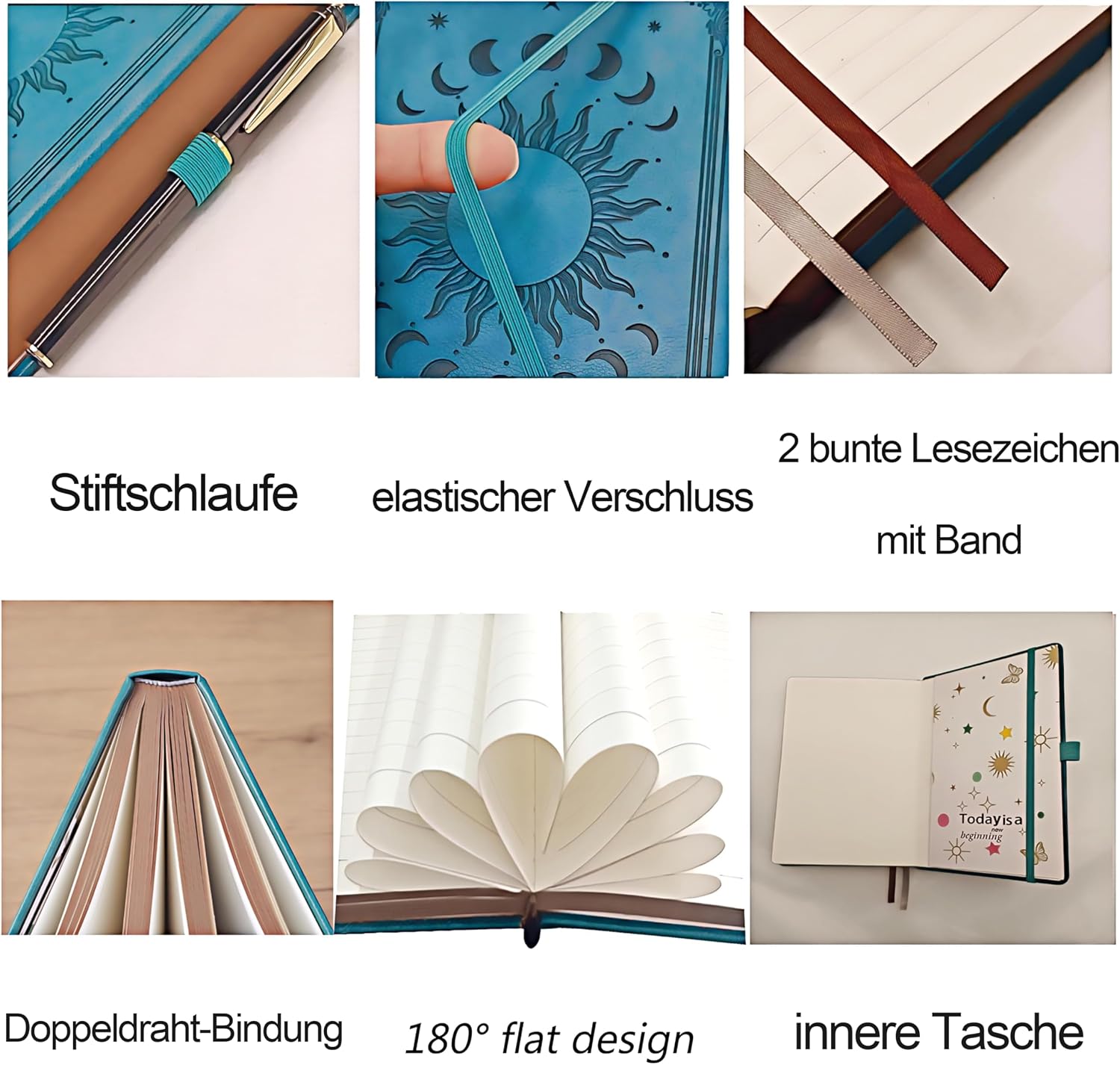 Detalle de HwxBen Notizbuch 14.5 × 21 cm | Liniert, 360 Seiten, PU-Leder Hardcover im Vintage Sonne & Mond Design – Seegrün