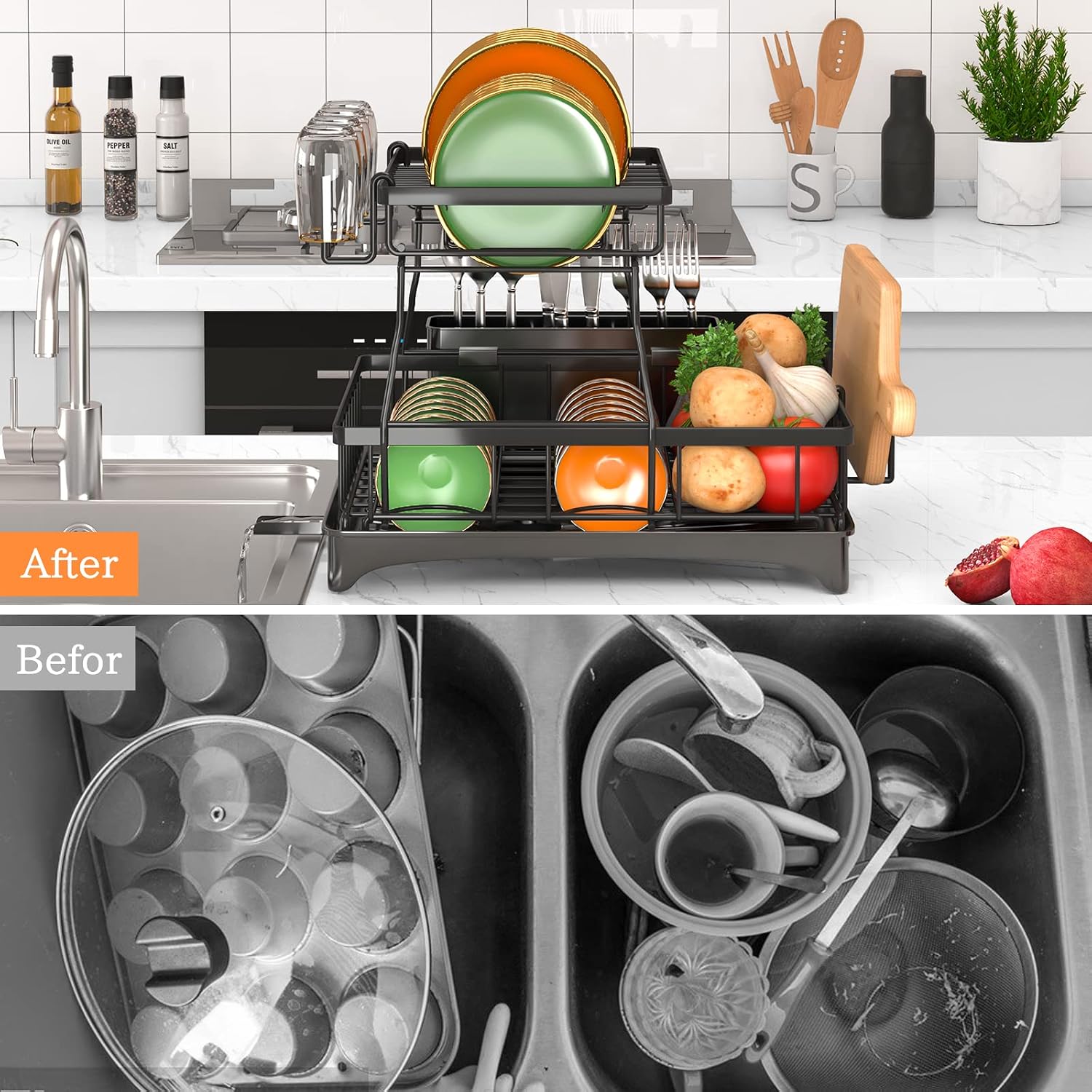 Thumbnail 2 de Godboat 2-Tier Dish Drying Rack with Auto-Drain Tray and Mat (Kitchen Counter Dish Drainer)