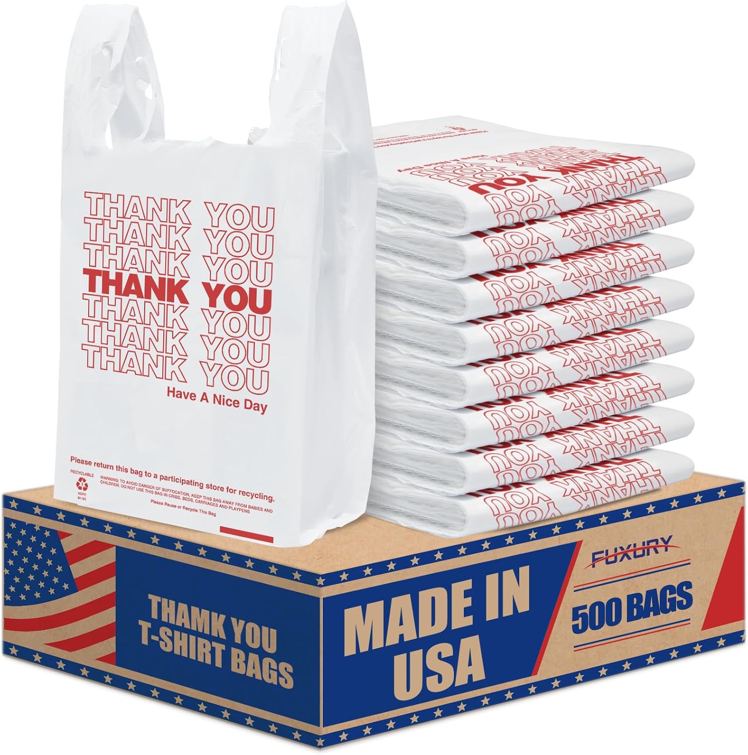 Detalle de Fuxury FU#2262 Plastic T-Shirt Bags, 500 Count, 11.5 x 6.5 x 21 Inches