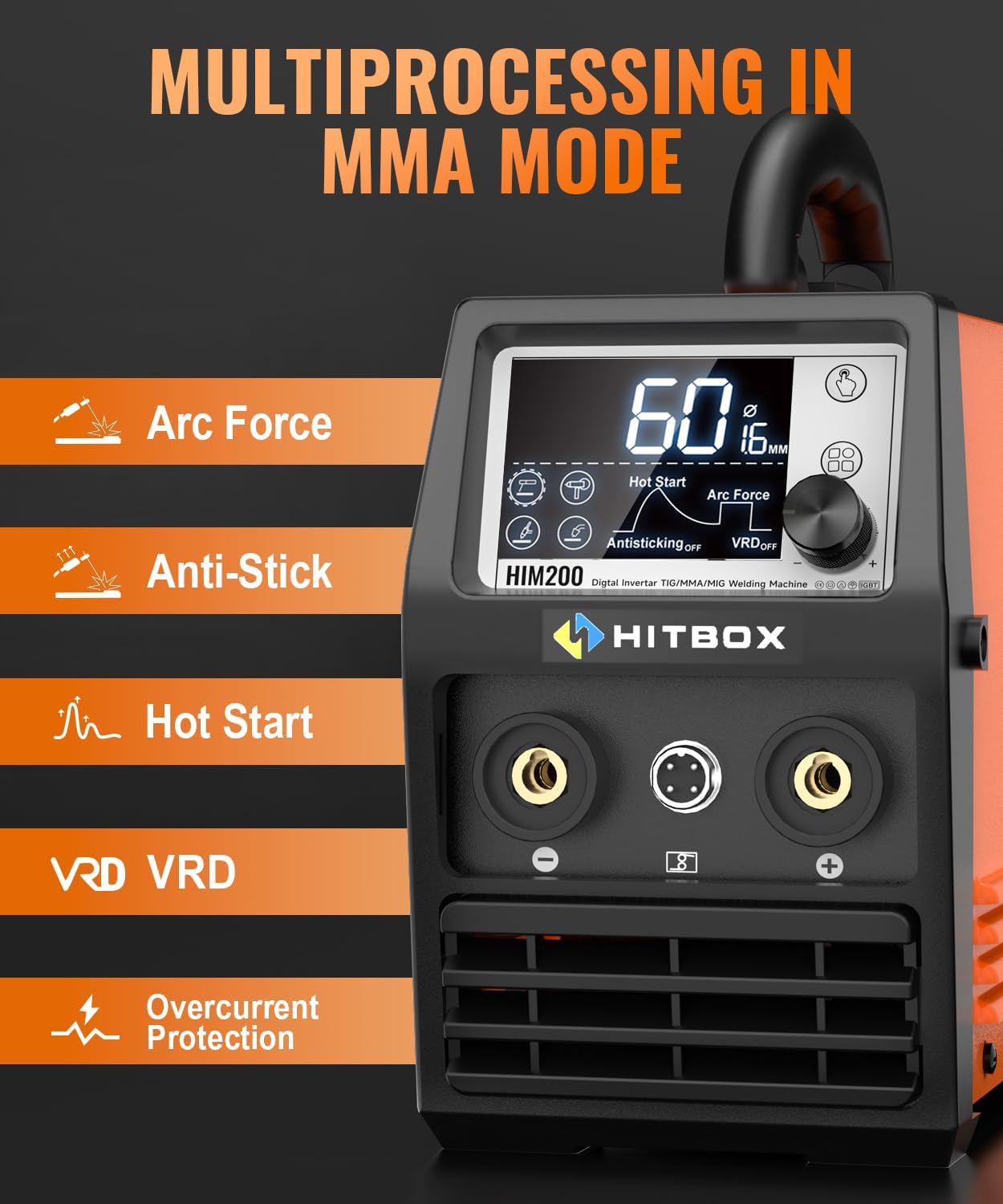 Detalle 1 de HITBOX HIM200 – spawarka 4-w-1 MIG bezgazowa, MMA/ARC i LIFT TIG, 230 V