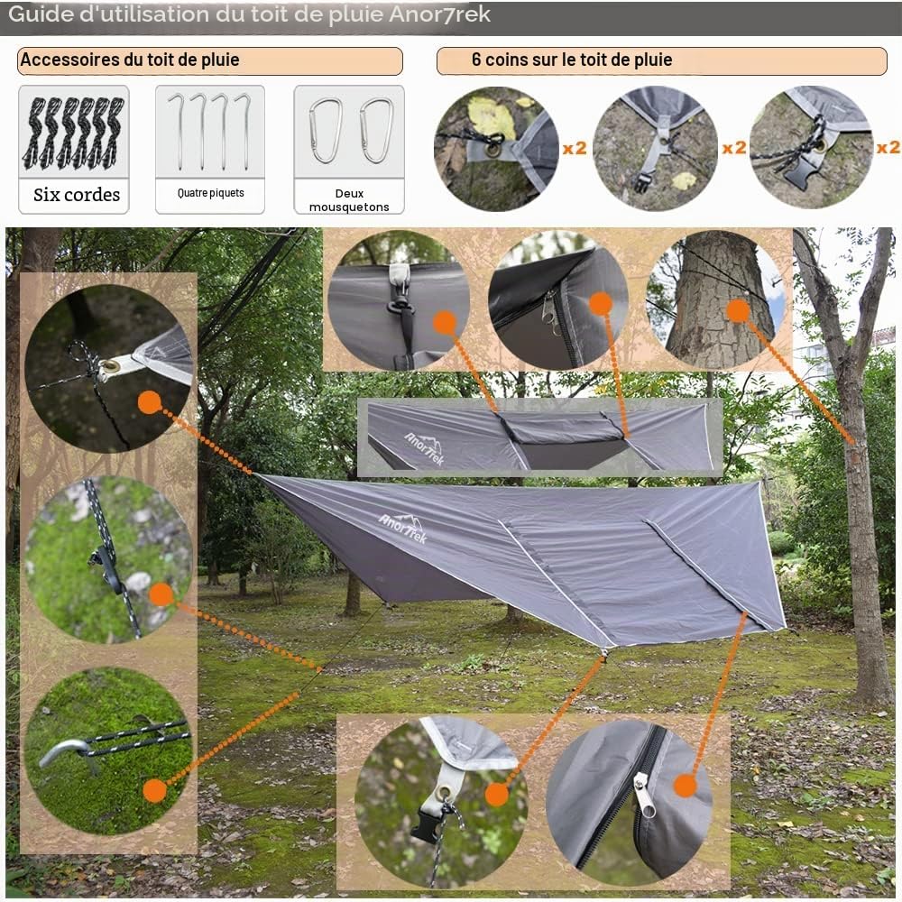 Detalle de AnorTrek Camping Hamac avec moustiquaire et bâche de pluie – Double, nylon 210T, avec sangles et tarp imperméable