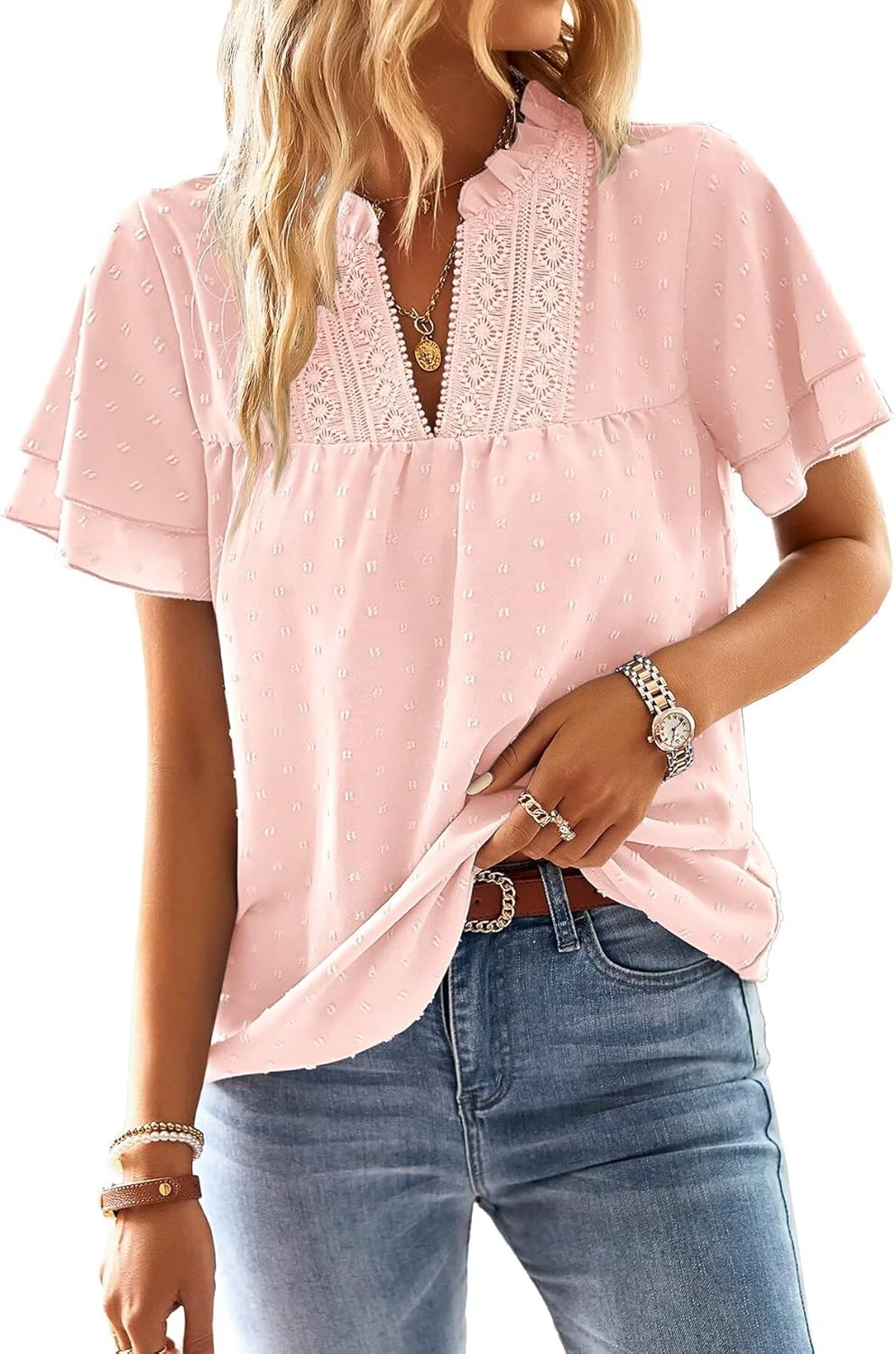 Detalle de Falechay Women’s V Neck Butterfly Sleeve Blouses with Swiss Dot & Ruffle Lace Edges