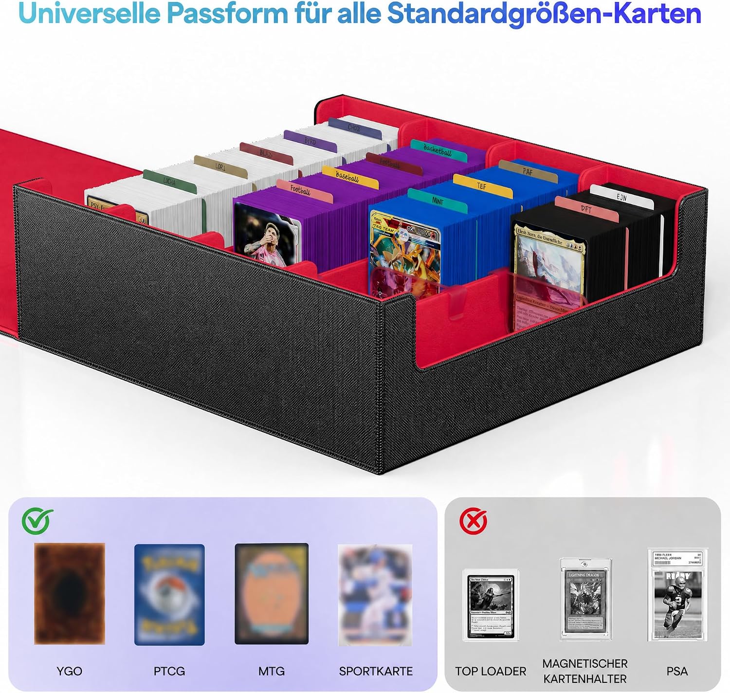 Detalle de UAONO Kartenaufbewahrungsbox für Trading Cards – 2400+ MTG Commander Deck Box mit 24 bunten Trennern (schwarz & rot)