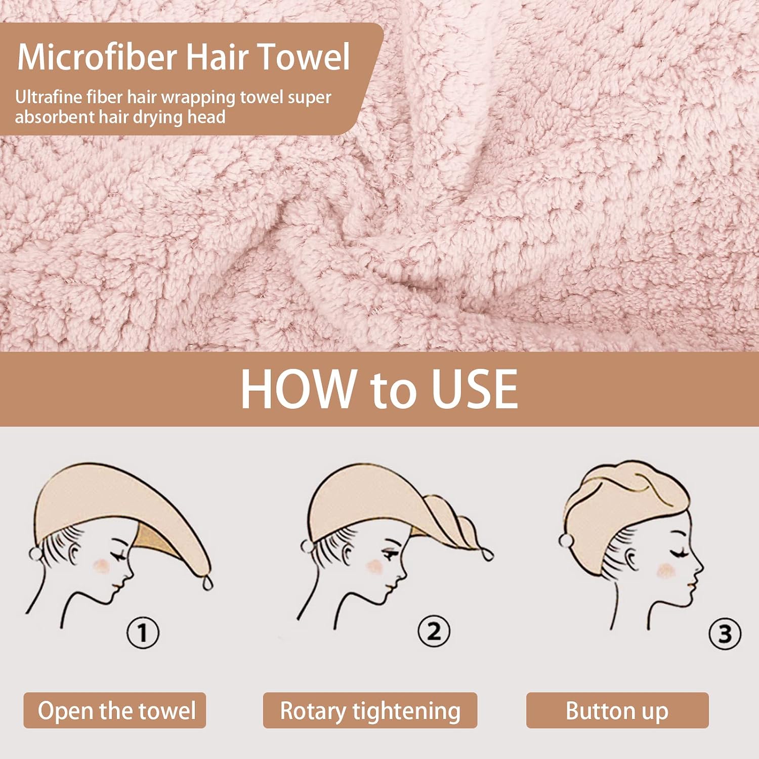 Detalle 2 de CZZXI TW-GPB Microfiber Hair Towel Set, 3-Pack in Grey, Pink and Blue