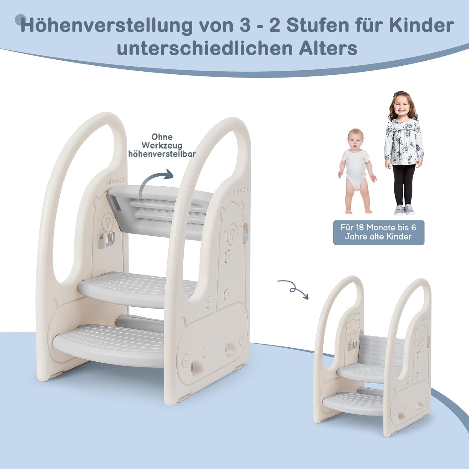 Thumbnail 2 de Onasti Tritthocker für Kinder – dreistufiger höhenverstellbarer Tritt-Schemel mit Handlauf, Anti-Rutsch (ca. 1,5 bis 6 Jahre, grau)