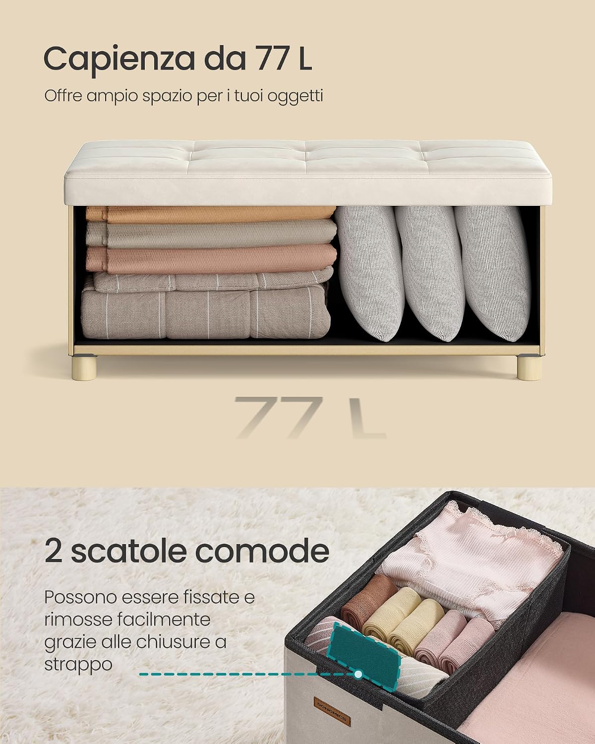 Thumbnail 5 de SONGMICS Pouf Contenitore 77 L Beige Cappuccino