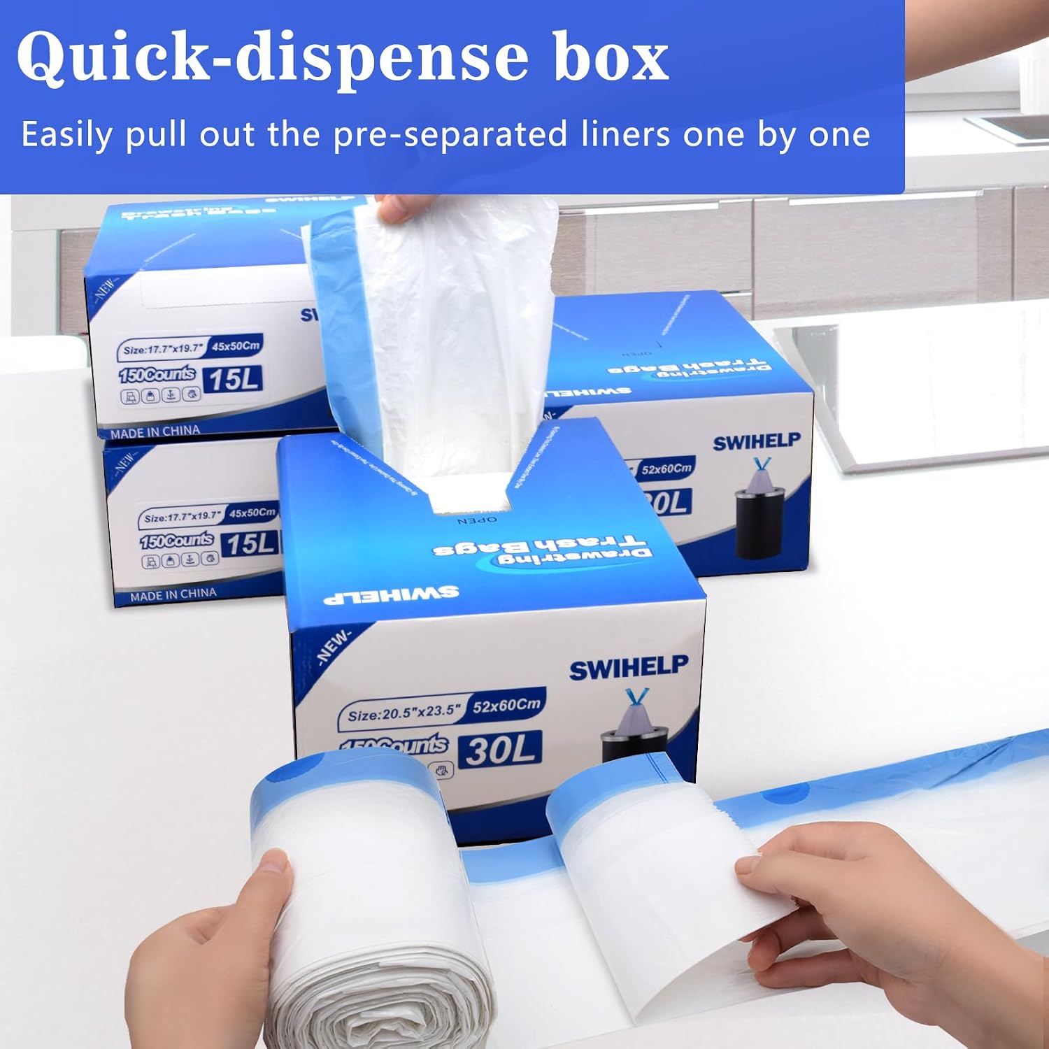 Detalle 2 de SWIHELP trekkoordvuilniszakken 25-30 liter, 150 stuks, 52 x 60 cm