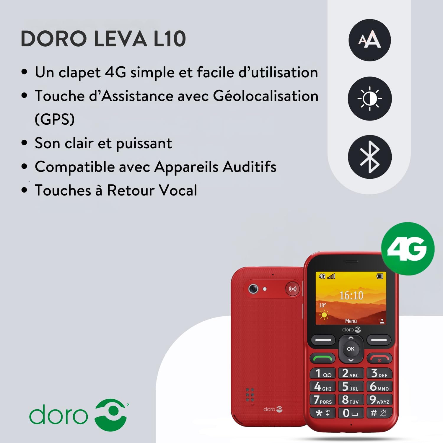 Detalle de Doro Leva L10 – Téléphone portable senior 4G débloqué avec grand écran et assistance GPS