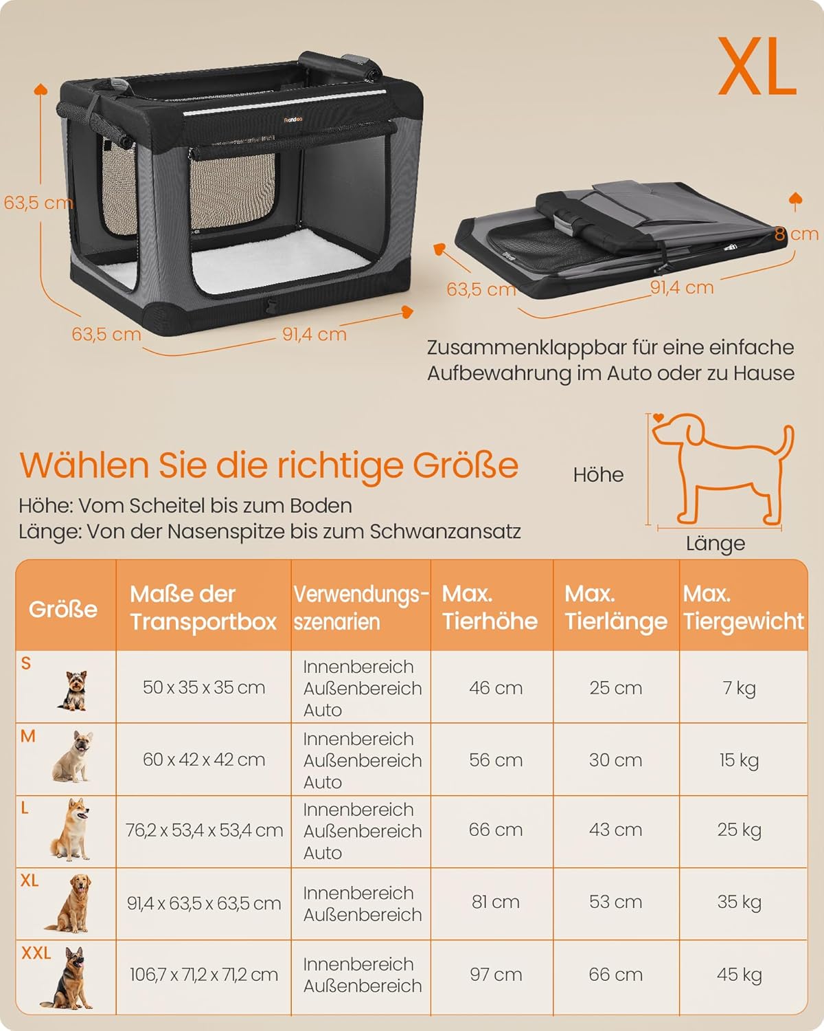 Detalle 2 de Feandrea faltbare Hundebox 91,4 cm: Transportbox für große Hunde (bis 35 kg) mit 4 Netztüren, Oxford-Gewebe