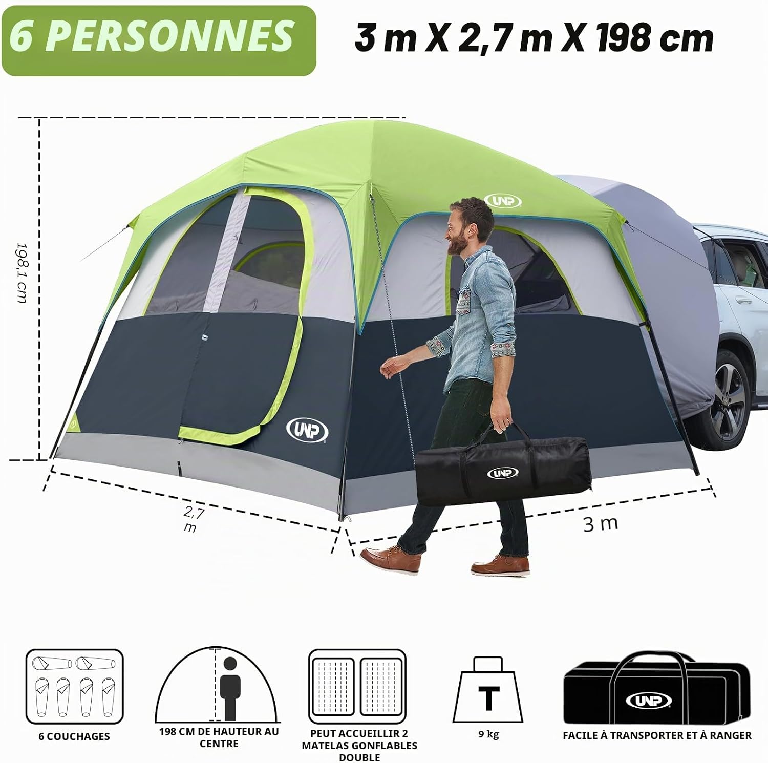 Detalle 2 de UNP Tente SUV pour Camping, 6 Personnes – Tente de hayon pour extérieur, 3 x 2,9 m, 198,1 cm de haut