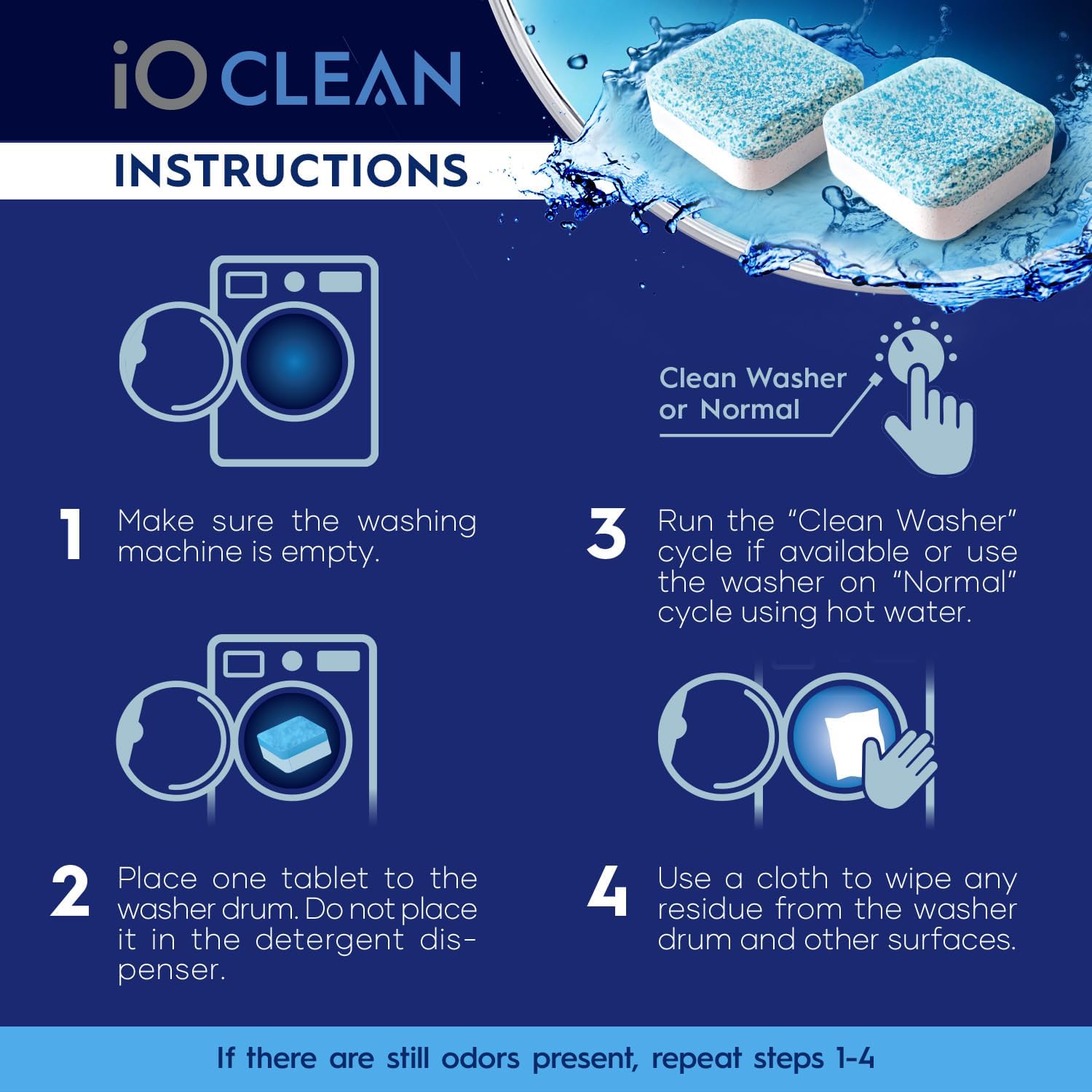 Detalle de iO CLEAN Washing Machine Cleaner & Descaler Tablets, 24 Count, Unscented