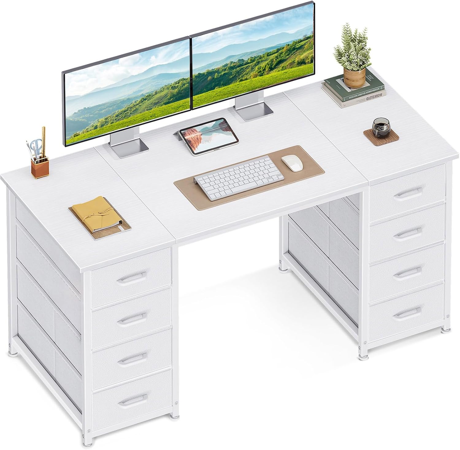 Detalle de Coleshome Computer Desk with Fabric Drawers, 120x48cm – Modern, Storage‑Rich Home Office Table (White)